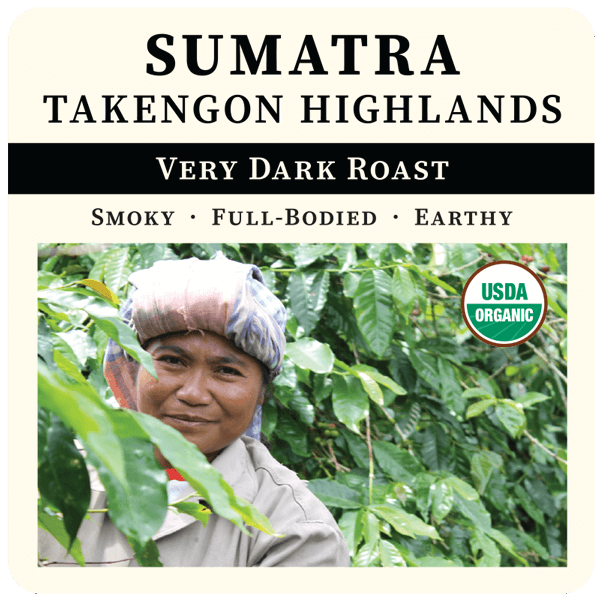 Sumatra Very Dark Roast coffee bag from Thanksgiving Coffee Company, Takengon Highlands FTO blend with dark roasted beans.