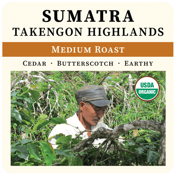 Medium roast Sumatra coffee from Takengon Highlands by Thanksgiving Coffee Company, shown in the 2023 label image.