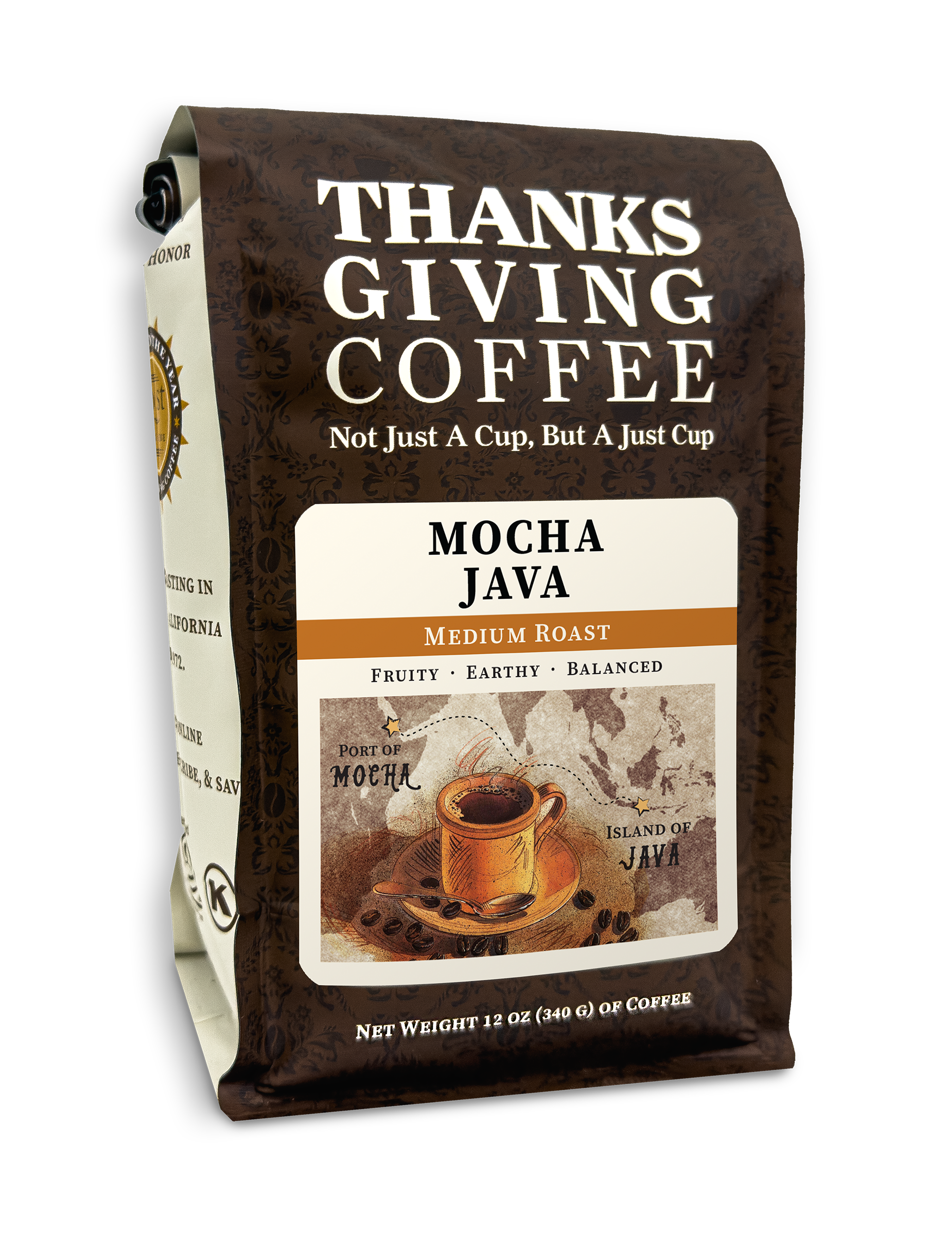 Medium roast Mocha Java coffee pack from Thanksgiving Coffee Company, featuring a classic blend of rich coffee beans.