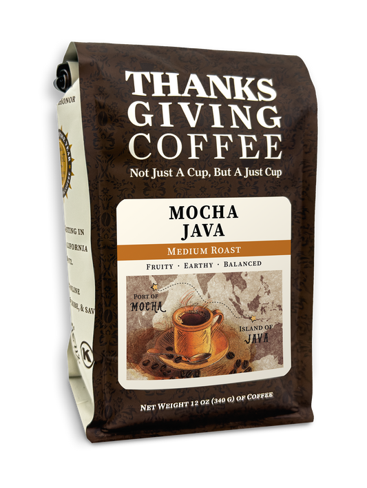 Medium roast Mocha Java coffee pack from Thanksgiving Coffee Company, featuring a classic blend of rich coffee beans.