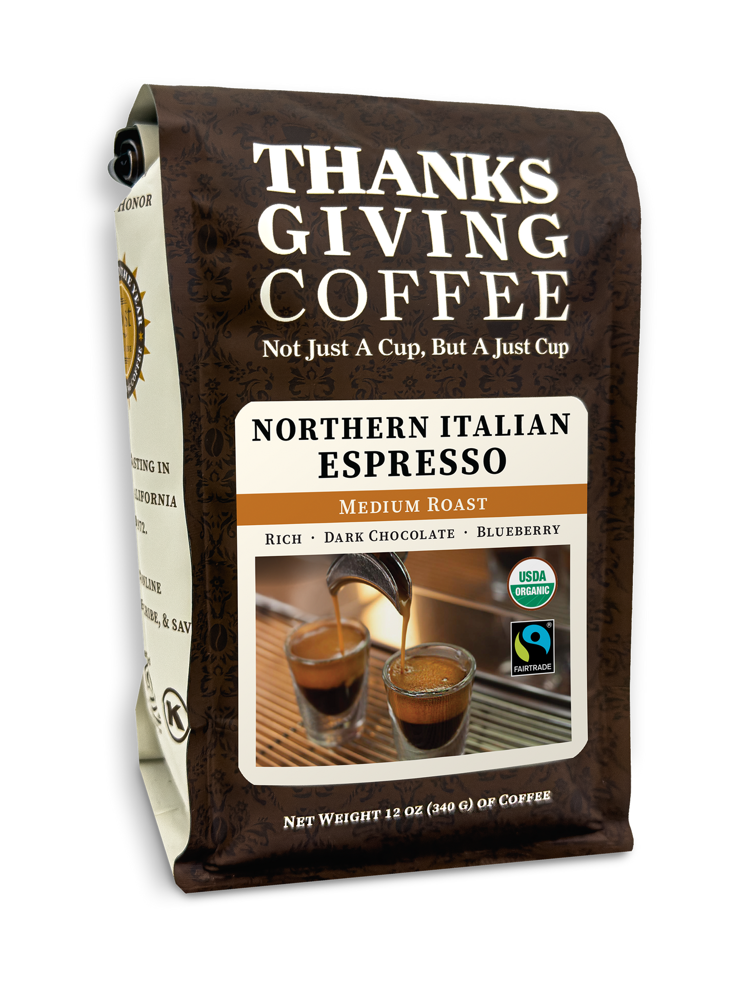 Medium roast Northern Italian Style espresso from Thanksgiving Coffee Company in a 2023 packaging image.