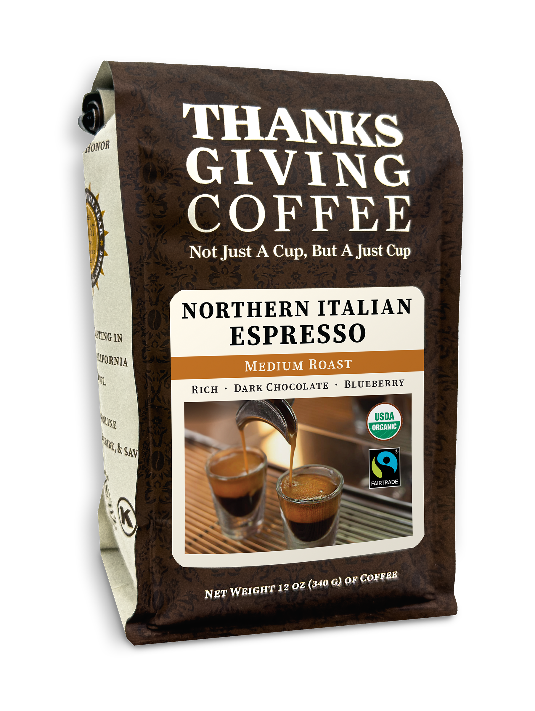Medium roast Northern Italian Style espresso from Thanksgiving Coffee Company in a 2023 packaging image.