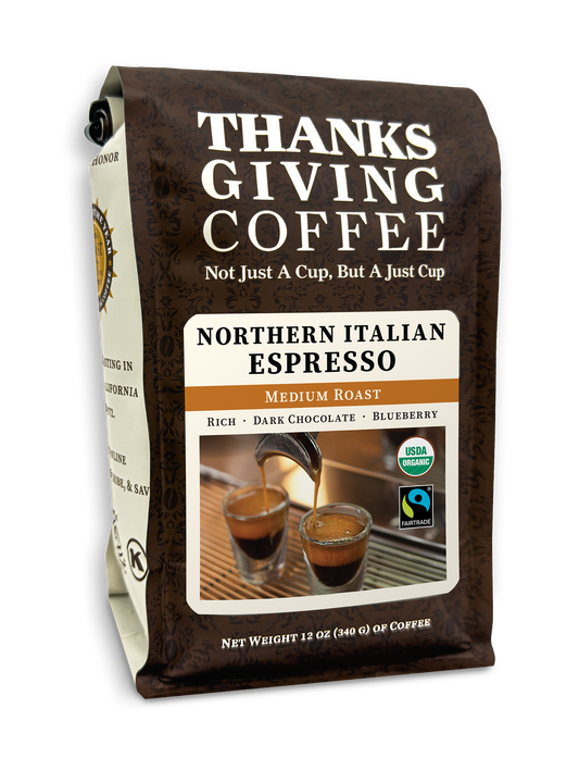 Medium roast Northern Italian Style espresso from Thanksgiving Coffee Company in a 2023 packaging image.