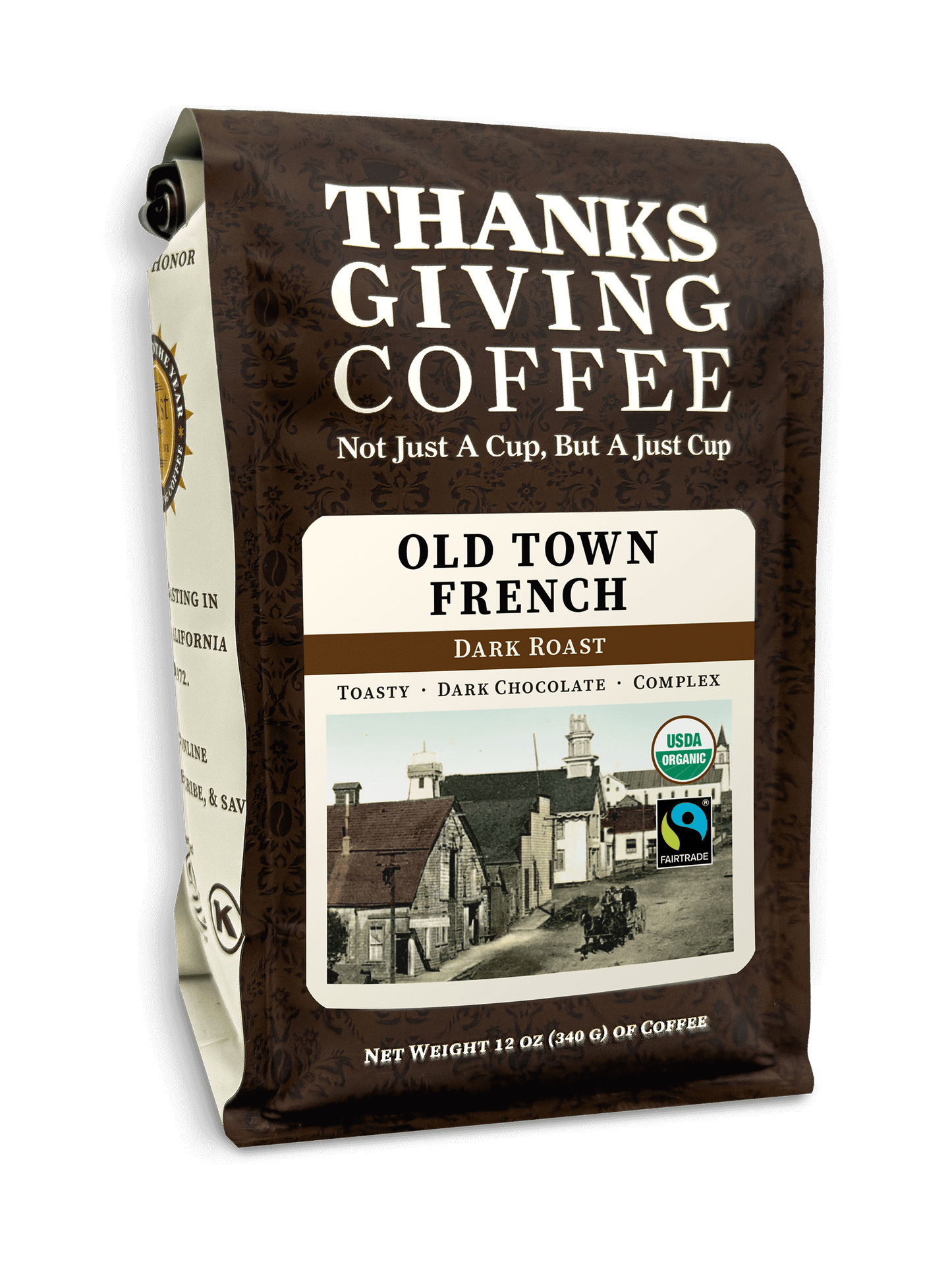 Old Town French FTO dark roast coffee from Thanksgiving Coffee Company, roasted beans in a resealable bag.