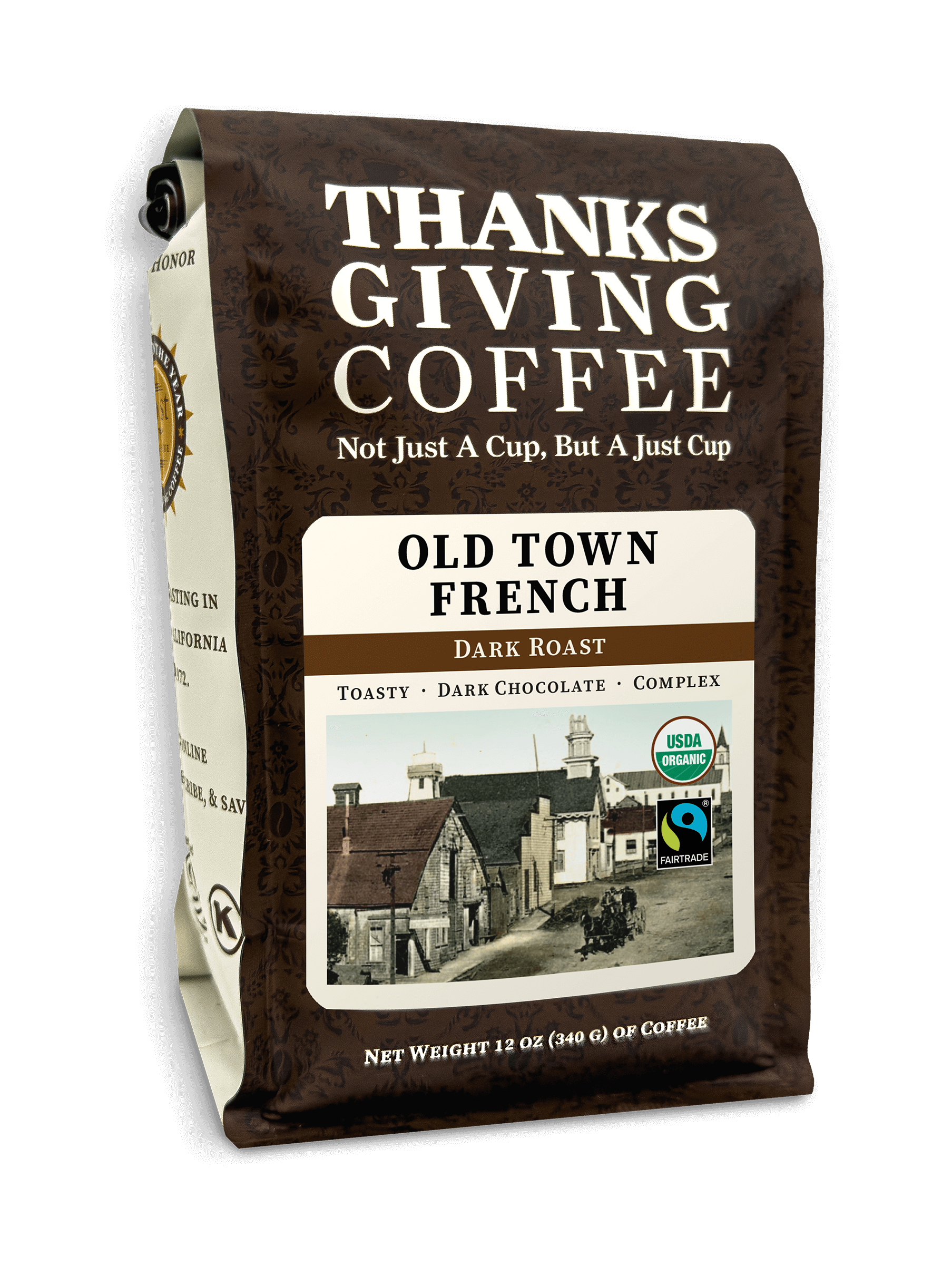 Old Town French FTO dark roast coffee from Thanksgiving Coffee Company, roasted beans in a resealable bag.