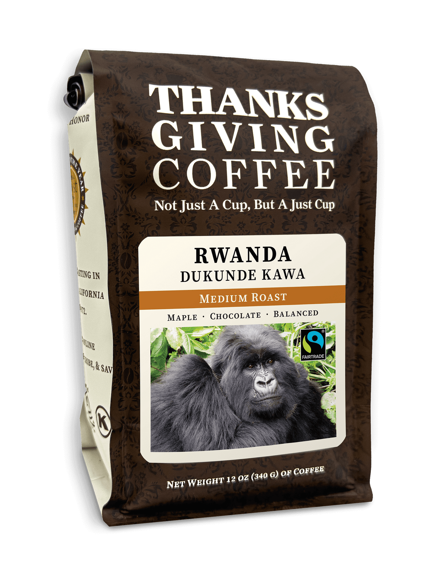 Medium roast Rwanda coffee bag from Thanksgiving Coffee Company with vibrant packaging design.