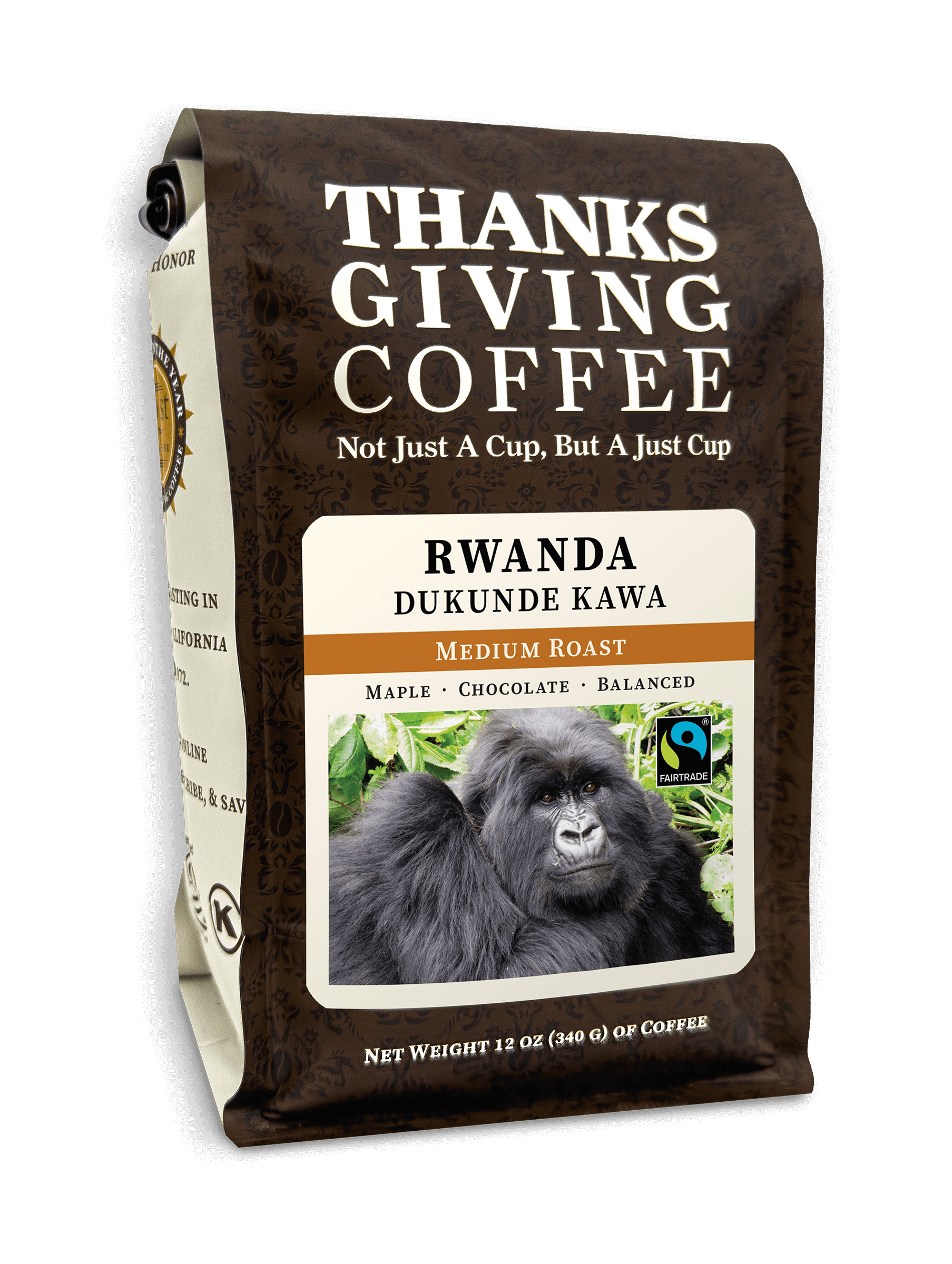 Medium roast Rwanda coffee bag from Thanksgiving Coffee Company with vibrant packaging design.