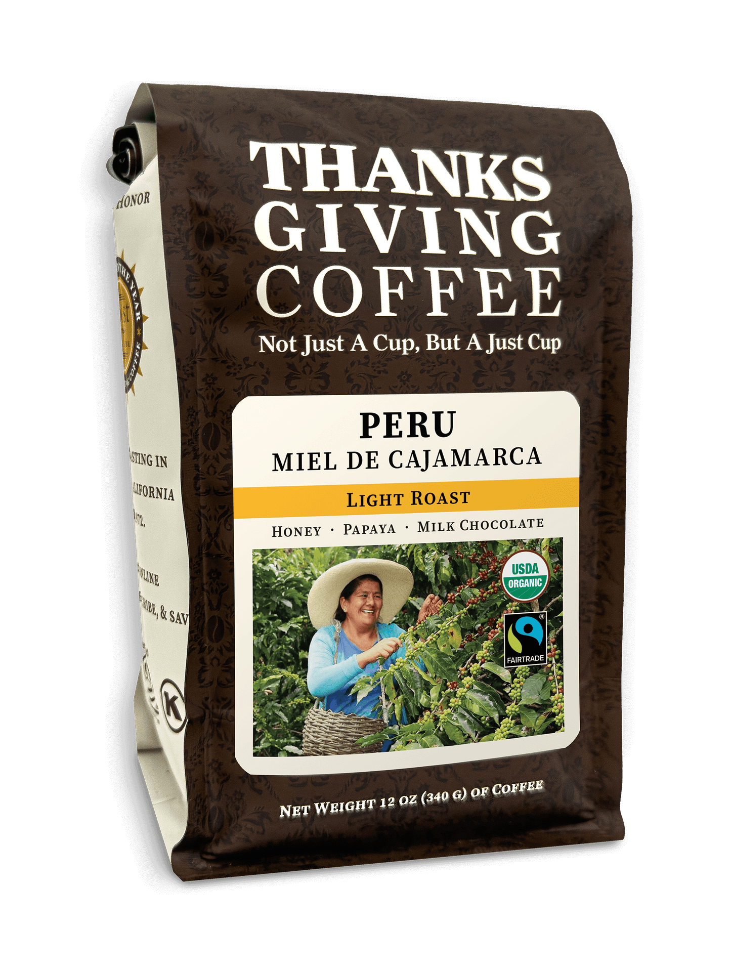Light roast Peru Miel de Cajamarca coffee pack from Thanksgiving Coffee Company, showcasing fresh roasted beans in the bag.