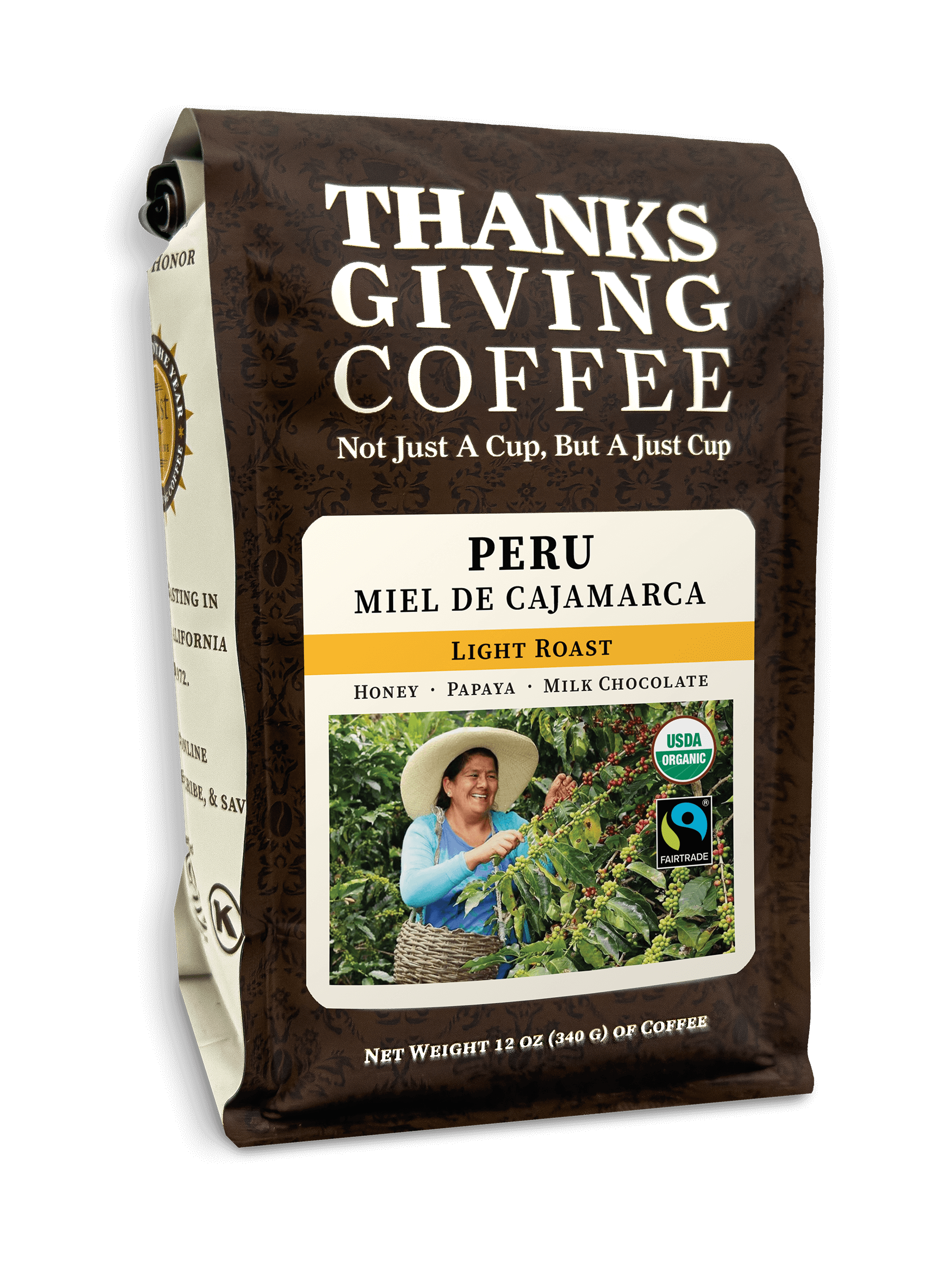 Light roast Peru Miel de Cajamarca coffee pack from Thanksgiving Coffee Company, showcasing fresh roasted beans in the bag.