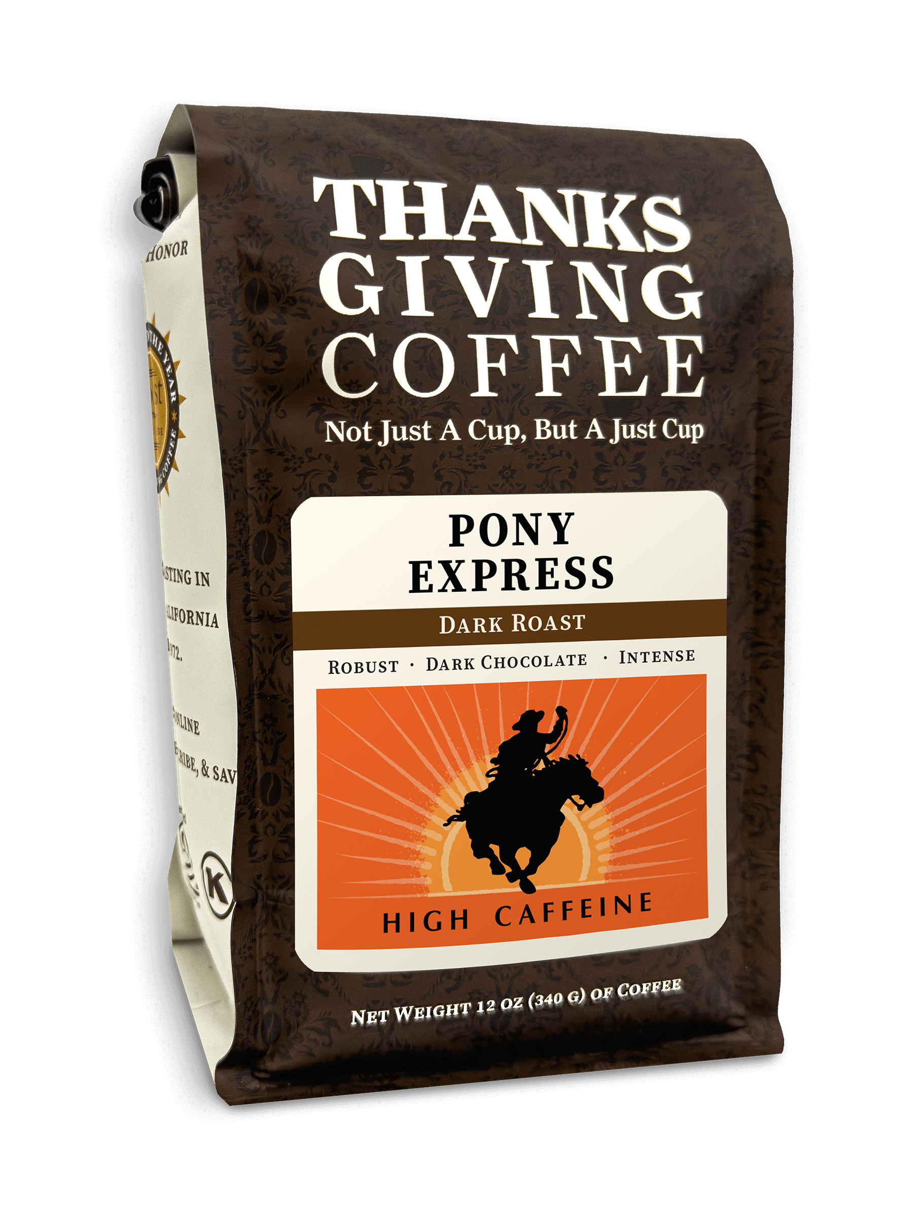 Dark roast coffee bag labeled Pony Express from Thanksgiving Coffee Company, featuring a vintage-style design and branding.