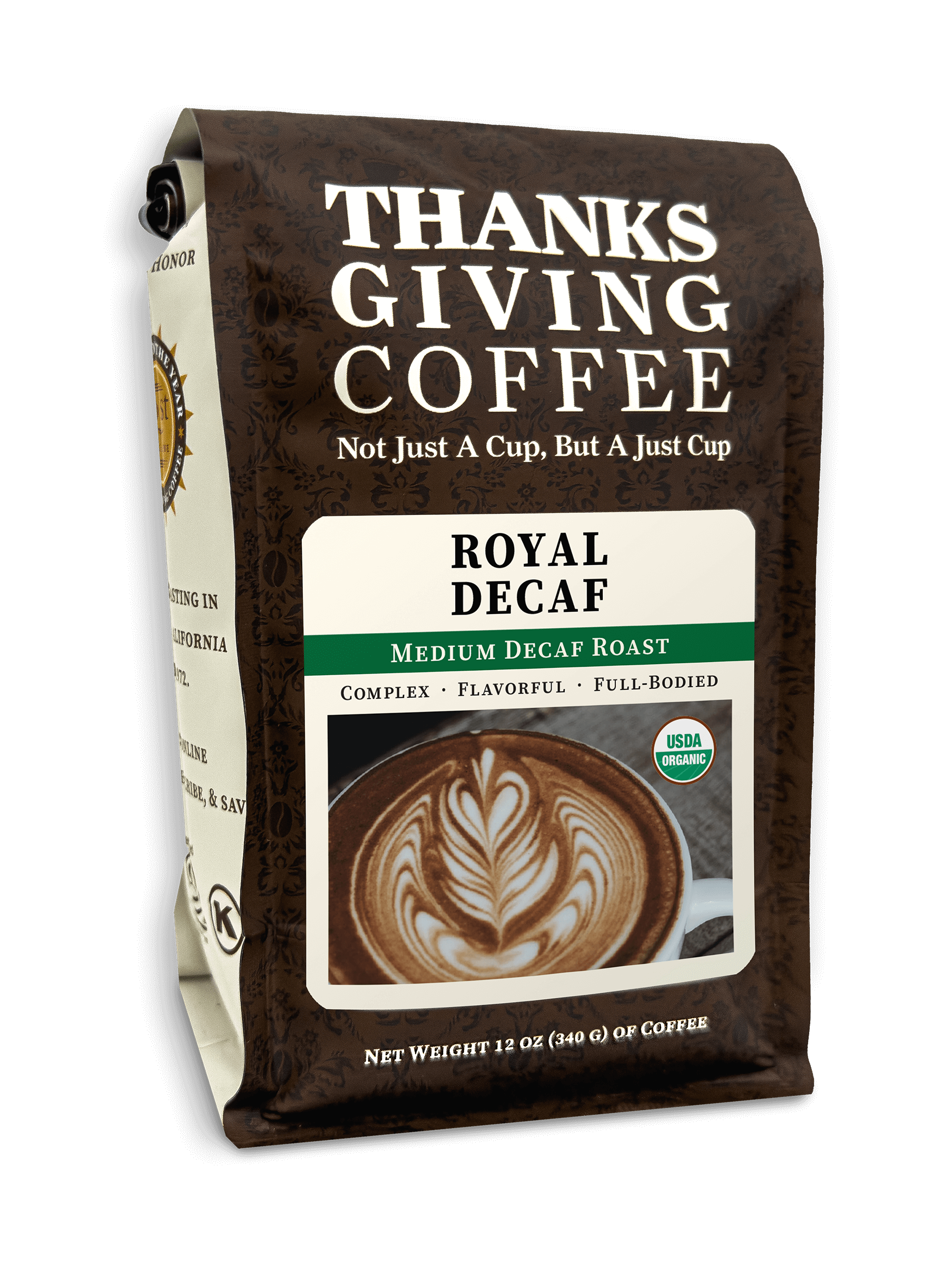 Decaf medium roast coffee pack from Thanksgiving Coffee Company labeled Royal Decaf, featuring a dark roasted coffee bag.