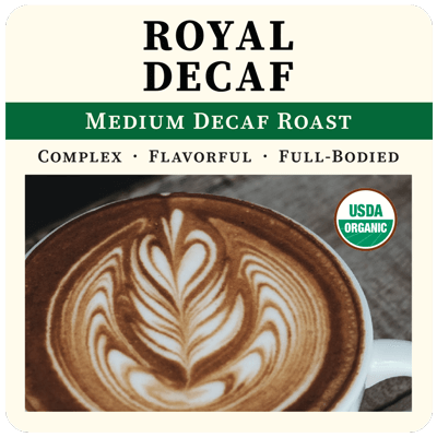 Decaf medium roast coffee bag from Thanksgiving Coffee Company with Royal Decaf label and 2023 branding.
