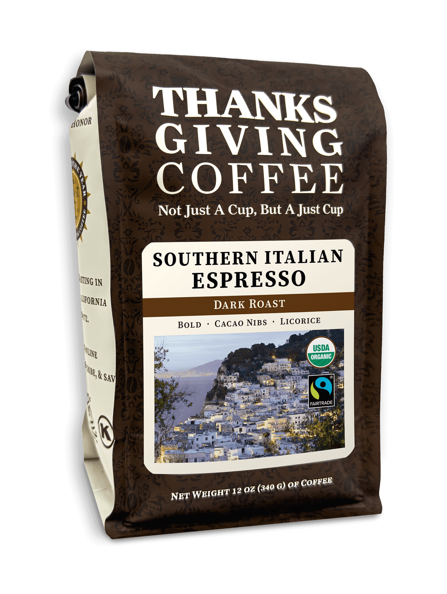 Dark roast Southern Italian style espresso coffee from Thanksgiving Coffee Company, freshly roasted FTO blend in a 2023 package.