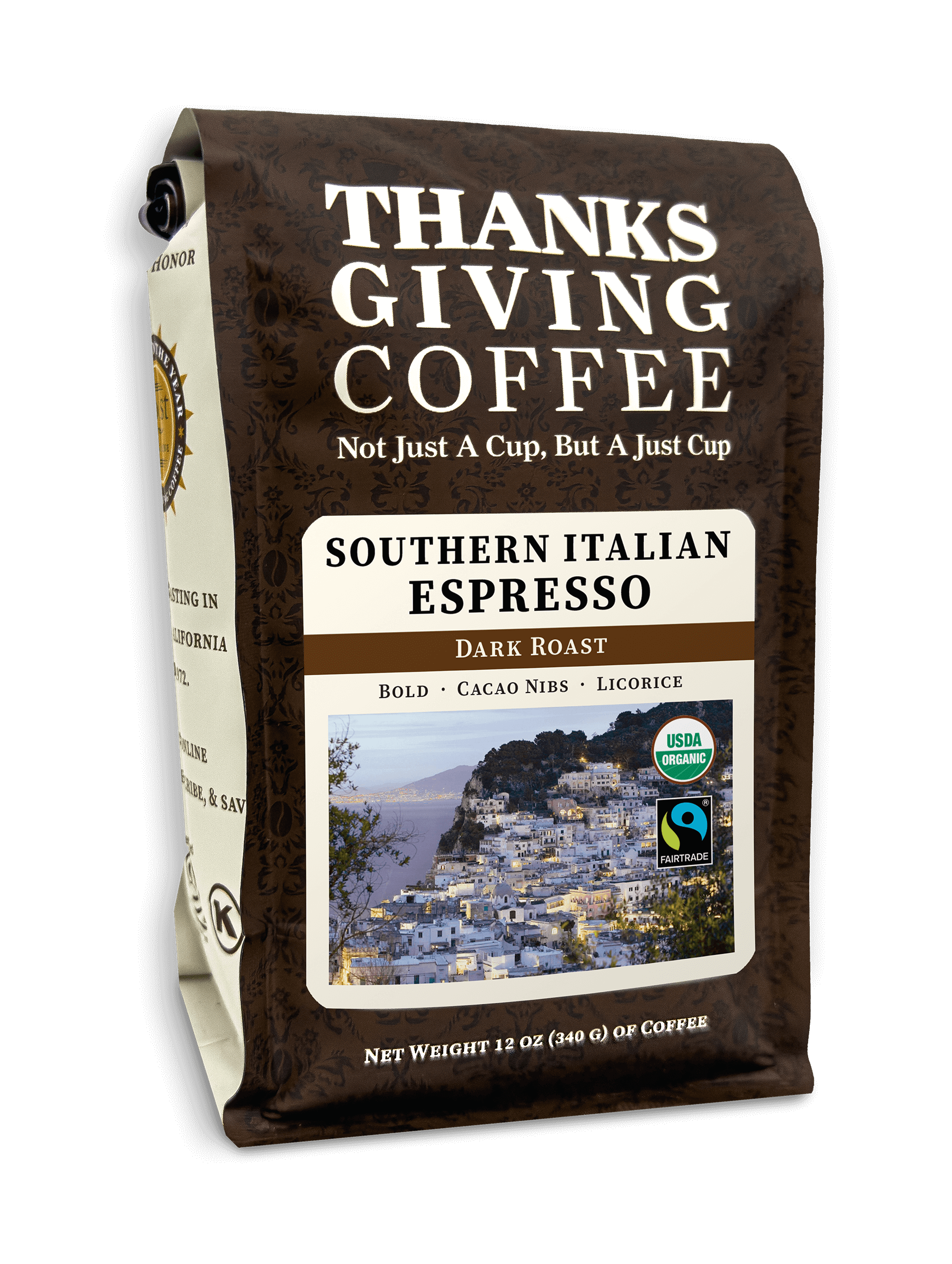 Dark roast Southern Italian style espresso coffee from Thanksgiving Coffee Company, freshly roasted FTO blend in a 2023 package.