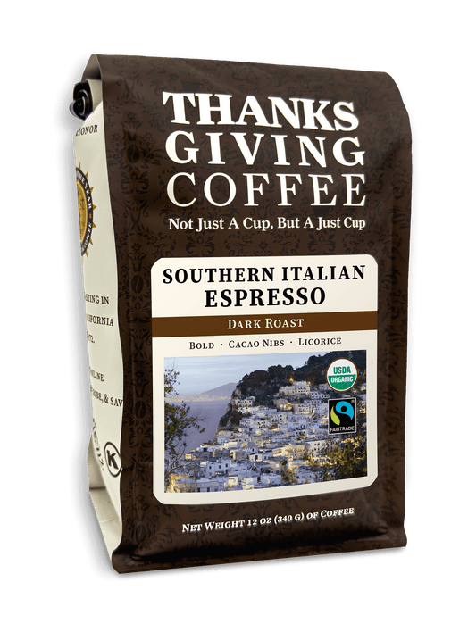 Dark roast Southern Italian style espresso coffee from Thanksgiving Coffee Company, freshly roasted FTO blend in a 2023 package.