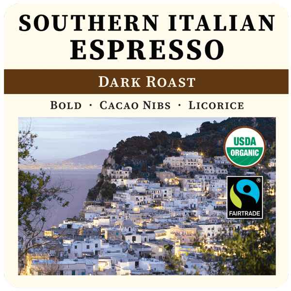 Dark roasted Southern Italian style espresso from Thanksgiving Coffee Company, showing a rich, freshly brewed coffee in a cup.