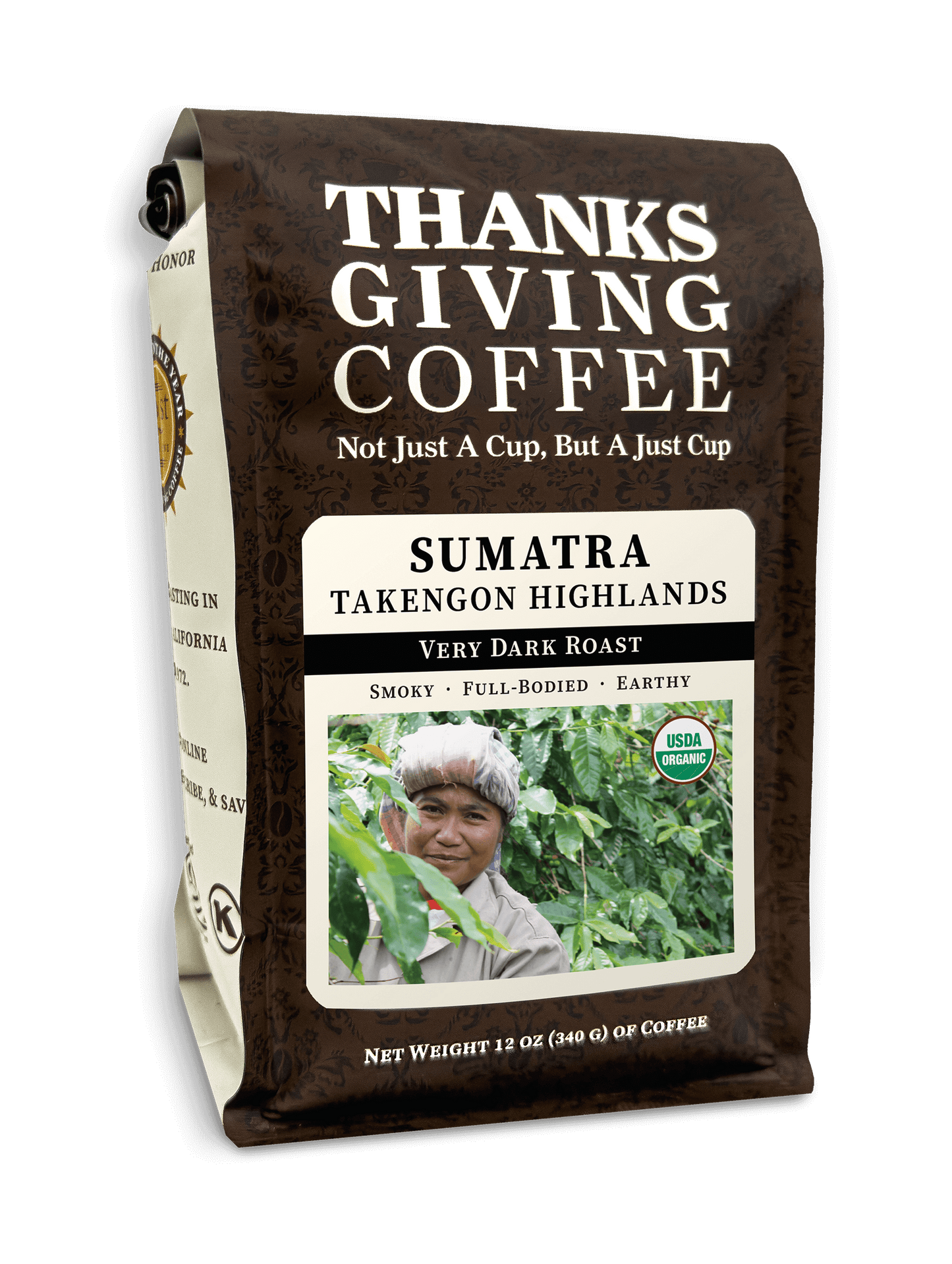 Sumatra Very Dark Roast coffee bag from Thanksgiving Coffee Company, featuring FTO Takengon Highlands beans in a 2023 packaging.