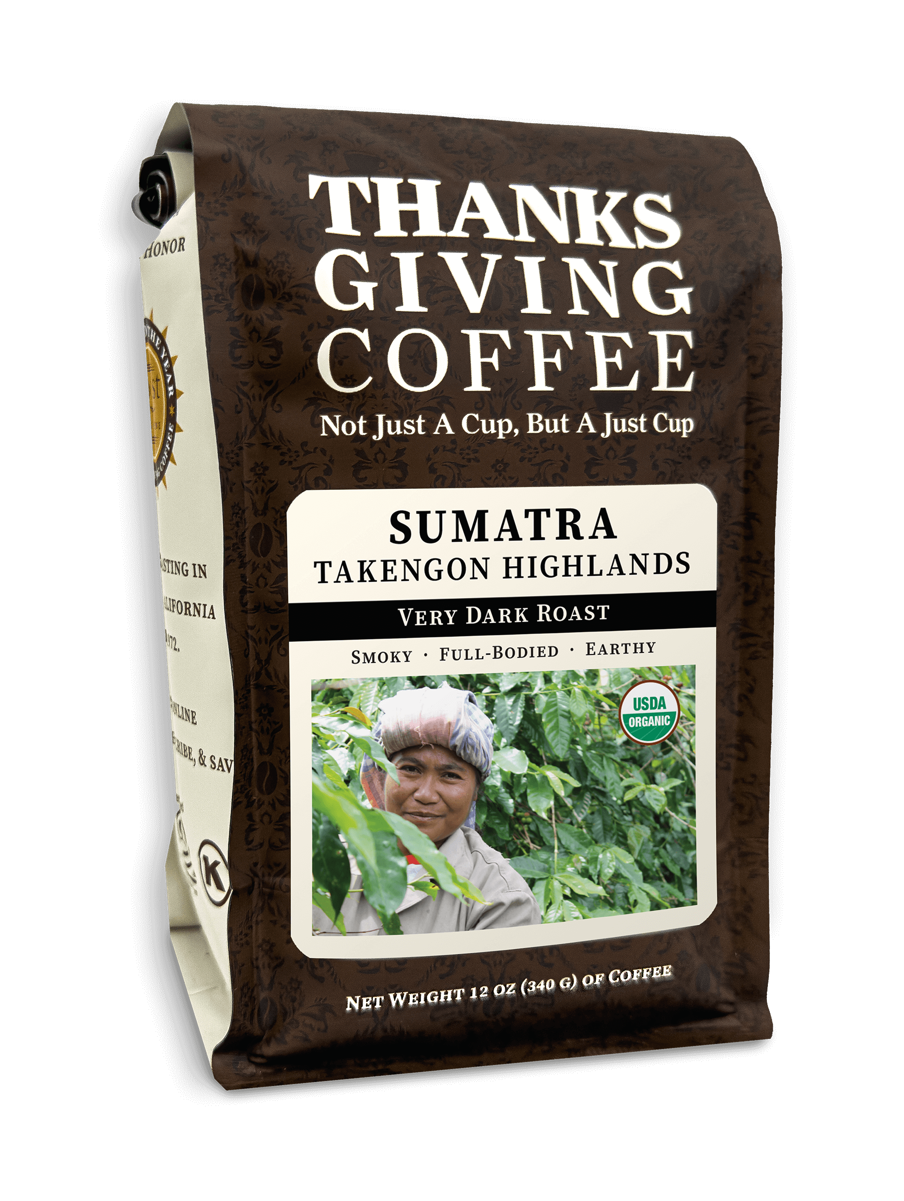 Sumatra Very Dark Roast coffee bag from Thanksgiving Coffee Company, featuring FTO Takengon Highlands beans in a 2023 packaging.