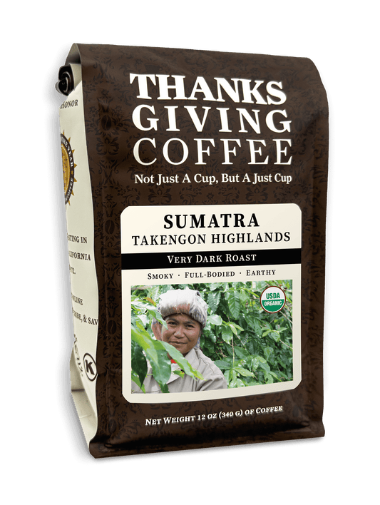 Sumatra Very Dark Roast coffee bag from Thanksgiving Coffee Company, featuring FTO Takengon Highlands beans in a 2023 packaging.