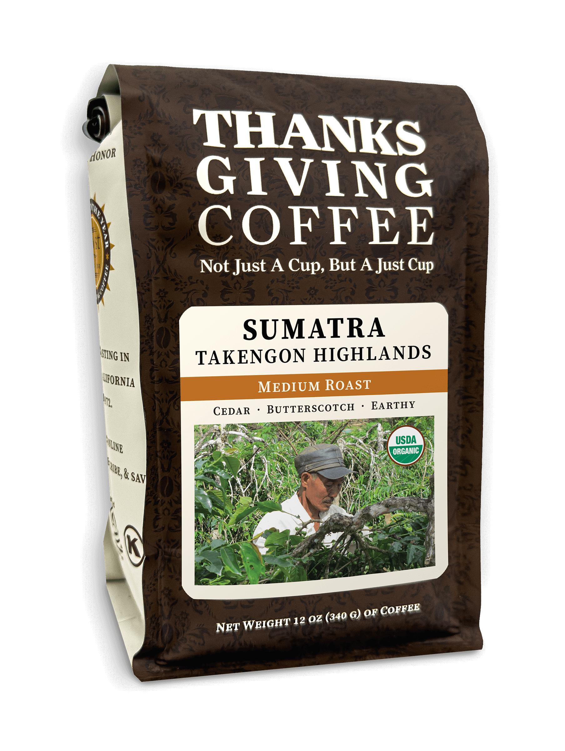 Medium roast Sumatra coffee from Takengon Highlands by Thanksgiving Coffee Company, shown in a 2023 coffee pack image.