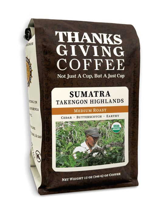 Medium roast Sumatra coffee from Takengon Highlands by Thanksgiving Coffee Company, shown in a 2023 coffee pack image.