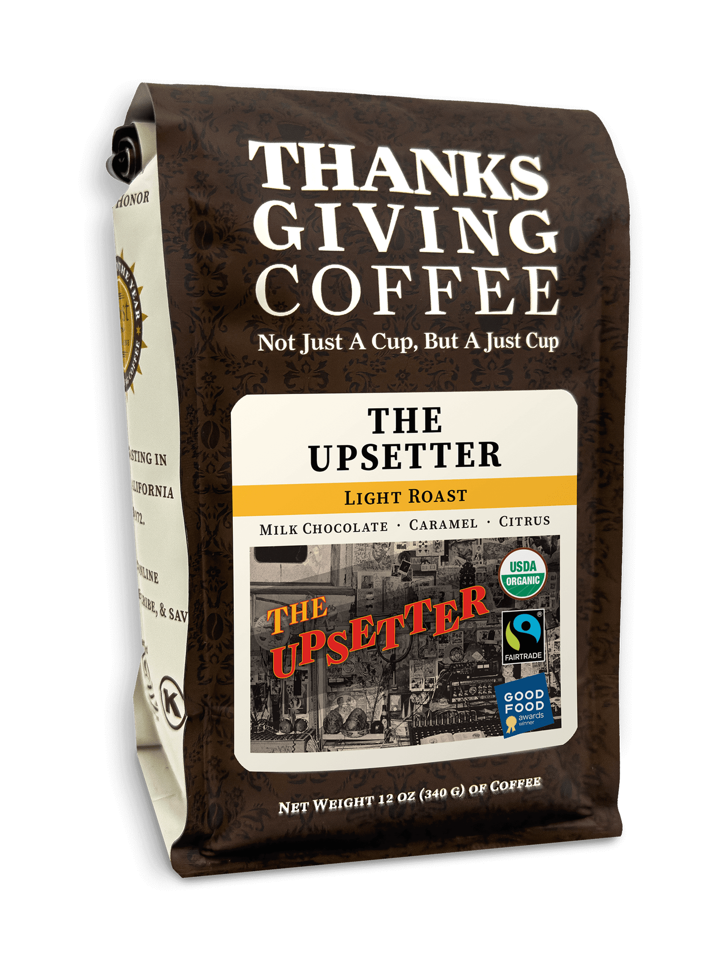 Bag of Thanksgiving Coffee Company's The Upsetter FTO light roast coffee beans in a 2023 packaging.