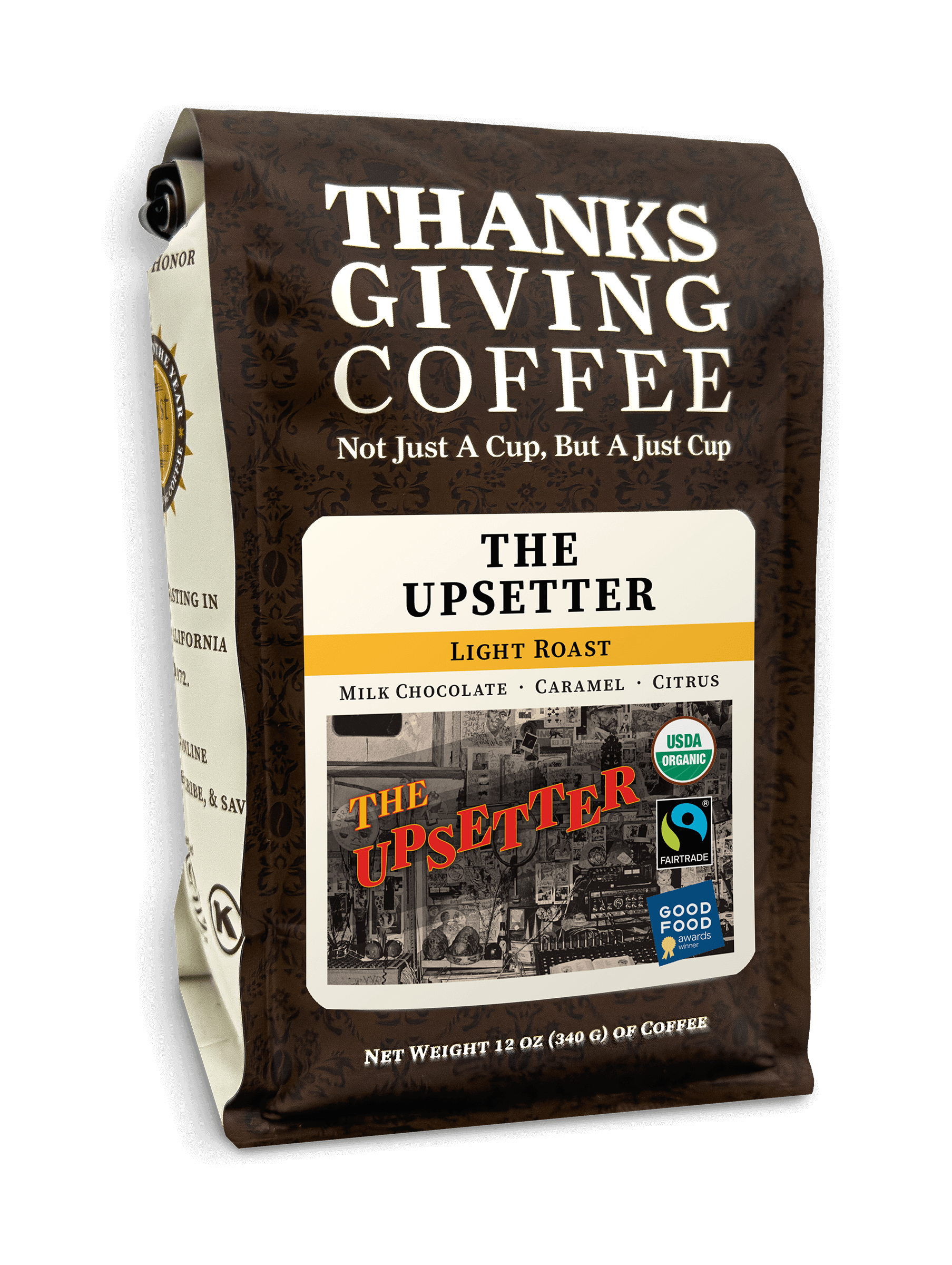 Bag of Thanksgiving Coffee Company's The Upsetter FTO light roast coffee beans in a 2023 packaging.