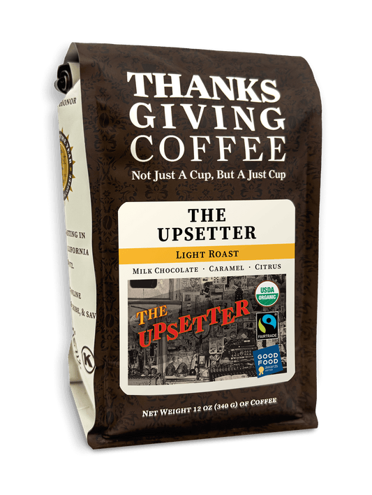 Bag of Thanksgiving Coffee Company's The Upsetter FTO light roast coffee beans in a 2023 packaging.