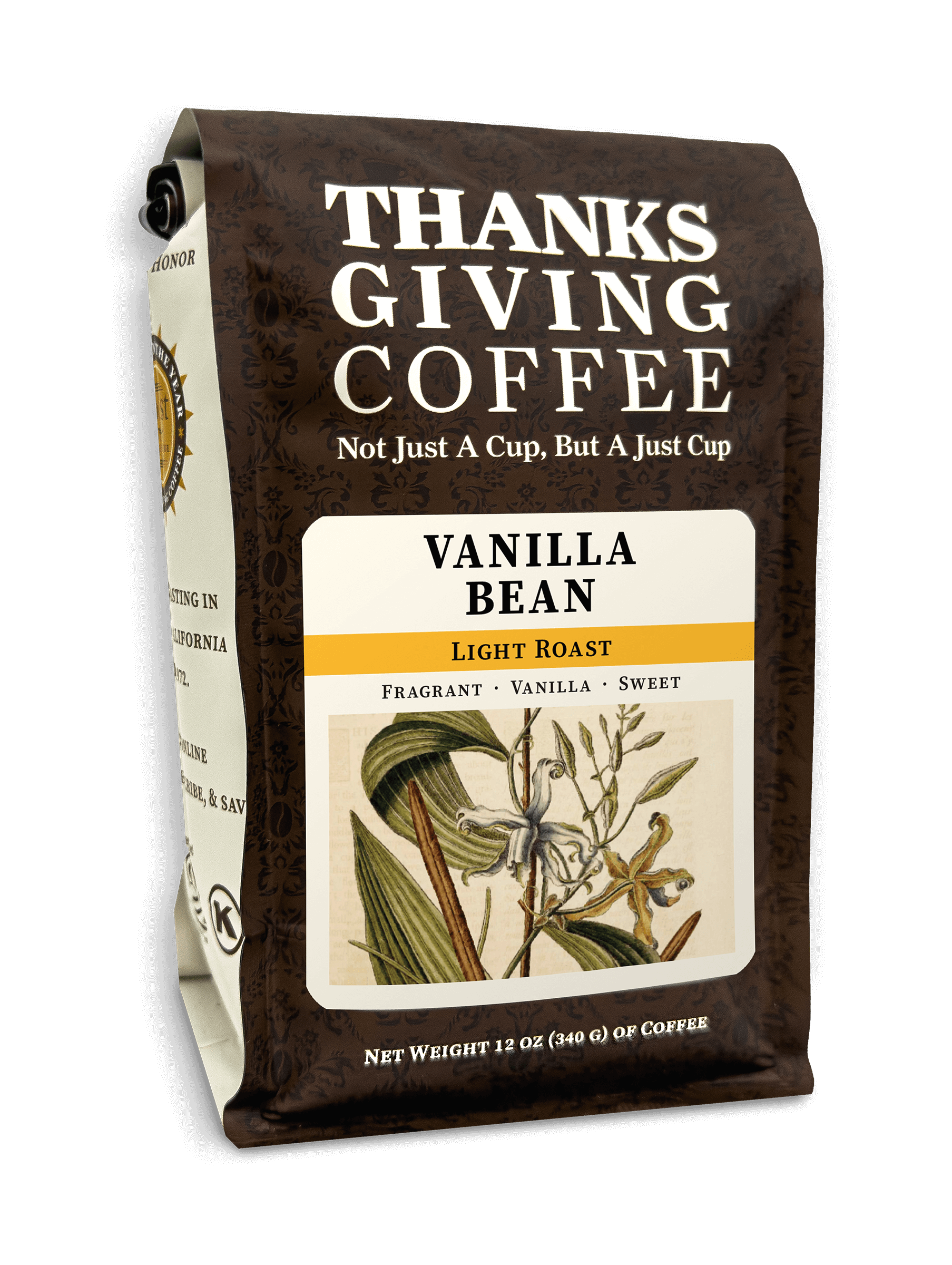 Light roast vanilla bean coffee pack from Thanksgiving Coffee Company, showcasing fresh vanilla beans and coffee packaging.