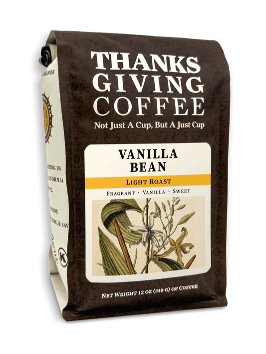Light roast vanilla bean coffee pack from Thanksgiving Coffee Company, showcasing fresh vanilla beans and coffee packaging.