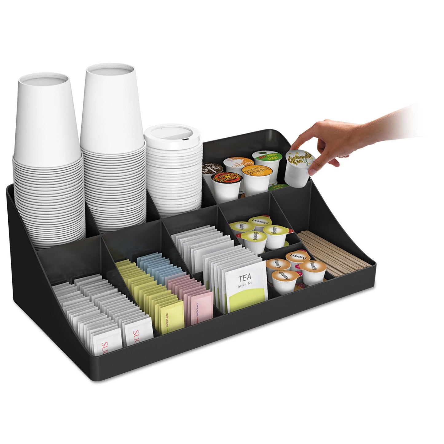 Black Mind Reader 11-compartment coffee condiment organizer with removable sections, designed for coffee stations.