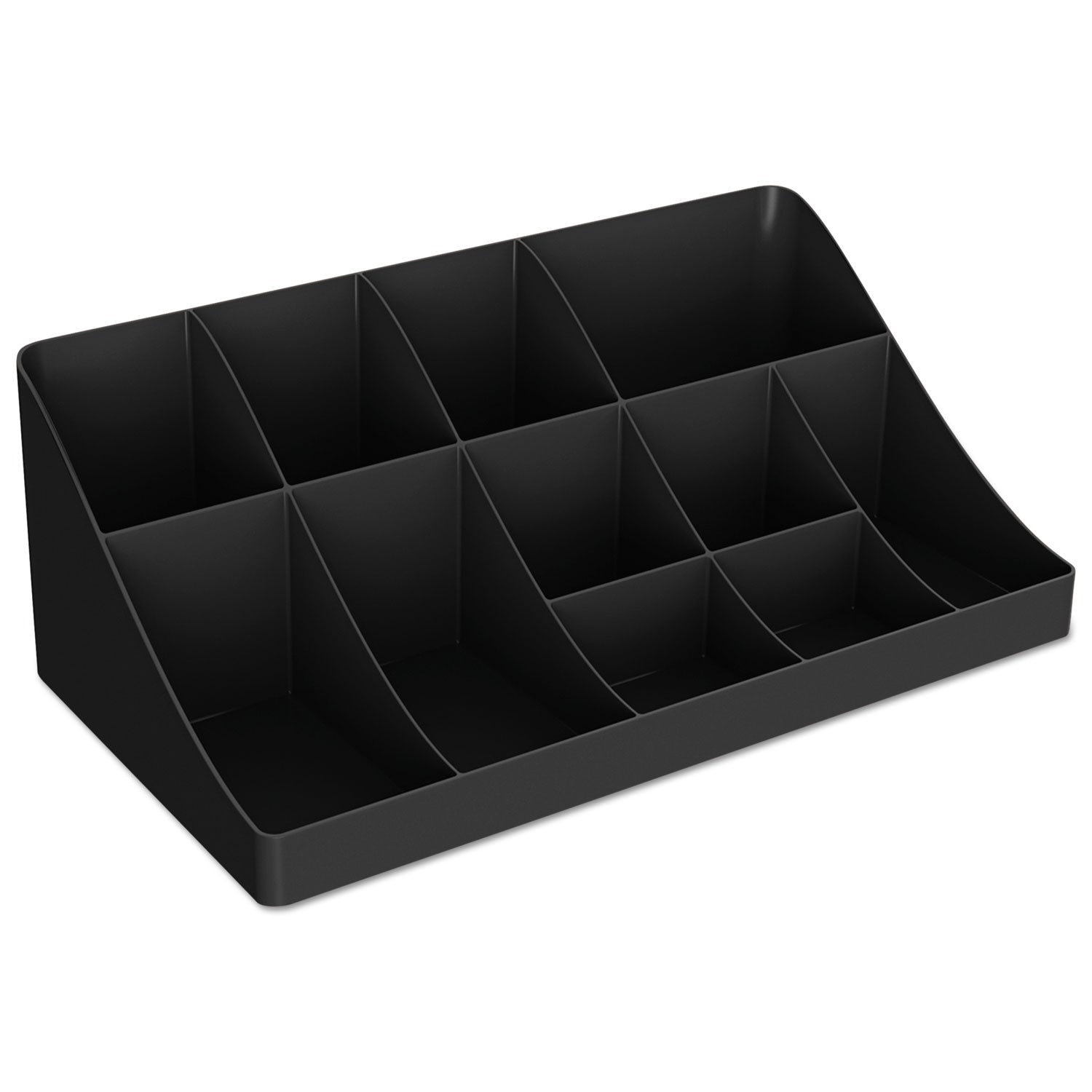Black Mind Reader 11-compartment coffee condiment station with organized sections for sugar, stirrers, and condiments.