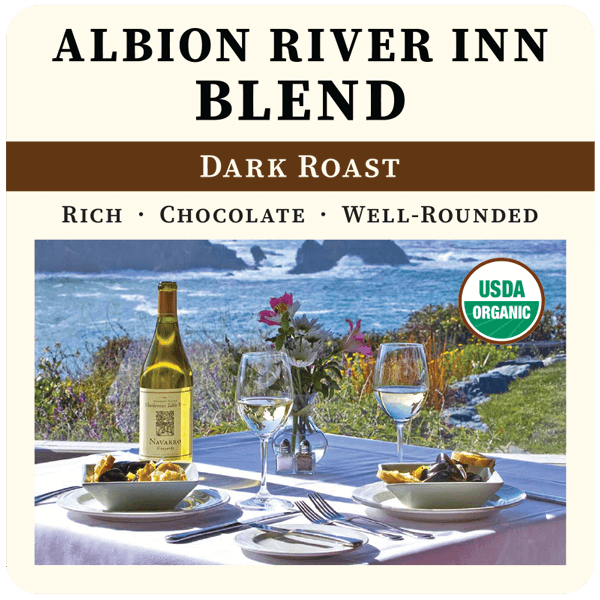 Dark roast Albion River Inn Blend coffee bag by Thanksgiving Coffee Company with front label and branding visible.