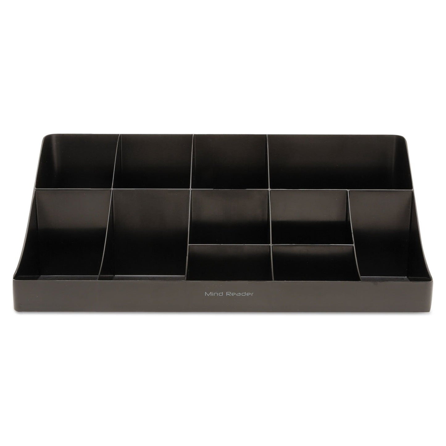 Black Mind Reader 11-compartment coffee condiment station with organized sections for sugars, creamers, and stirrers.