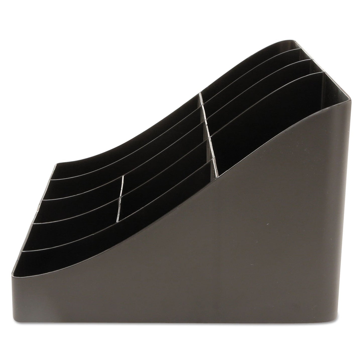 Black Mind Reader 11-compartment coffee condiment organizer with utensils and supplies in a coffee station setup.