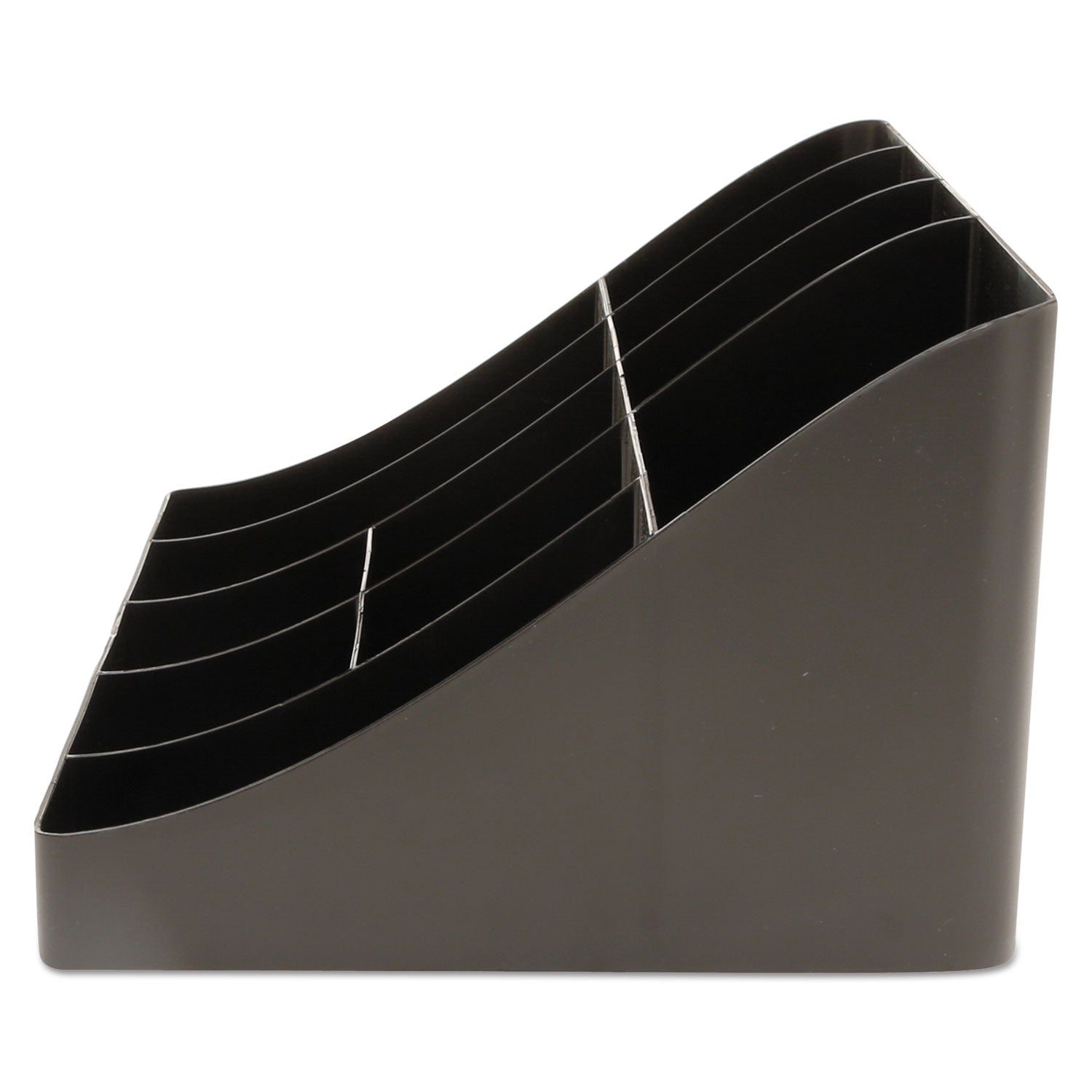 Black Mind Reader 11-compartment coffee condiment organizer with utensils and supplies in a coffee station setup.