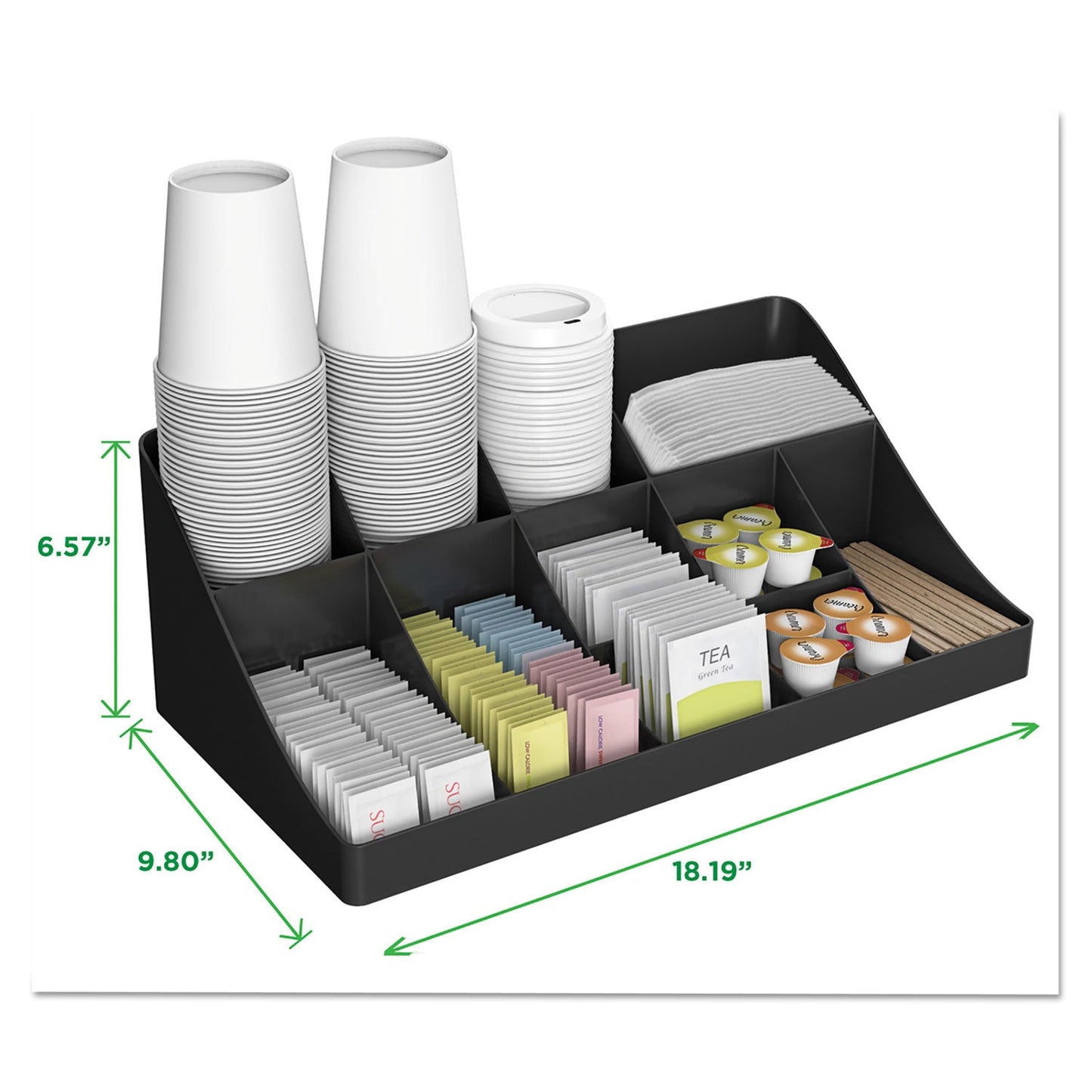 Black Mind Reader 11-compartment coffee condiment station with organizers for sugar, creamers, and stir sticks.