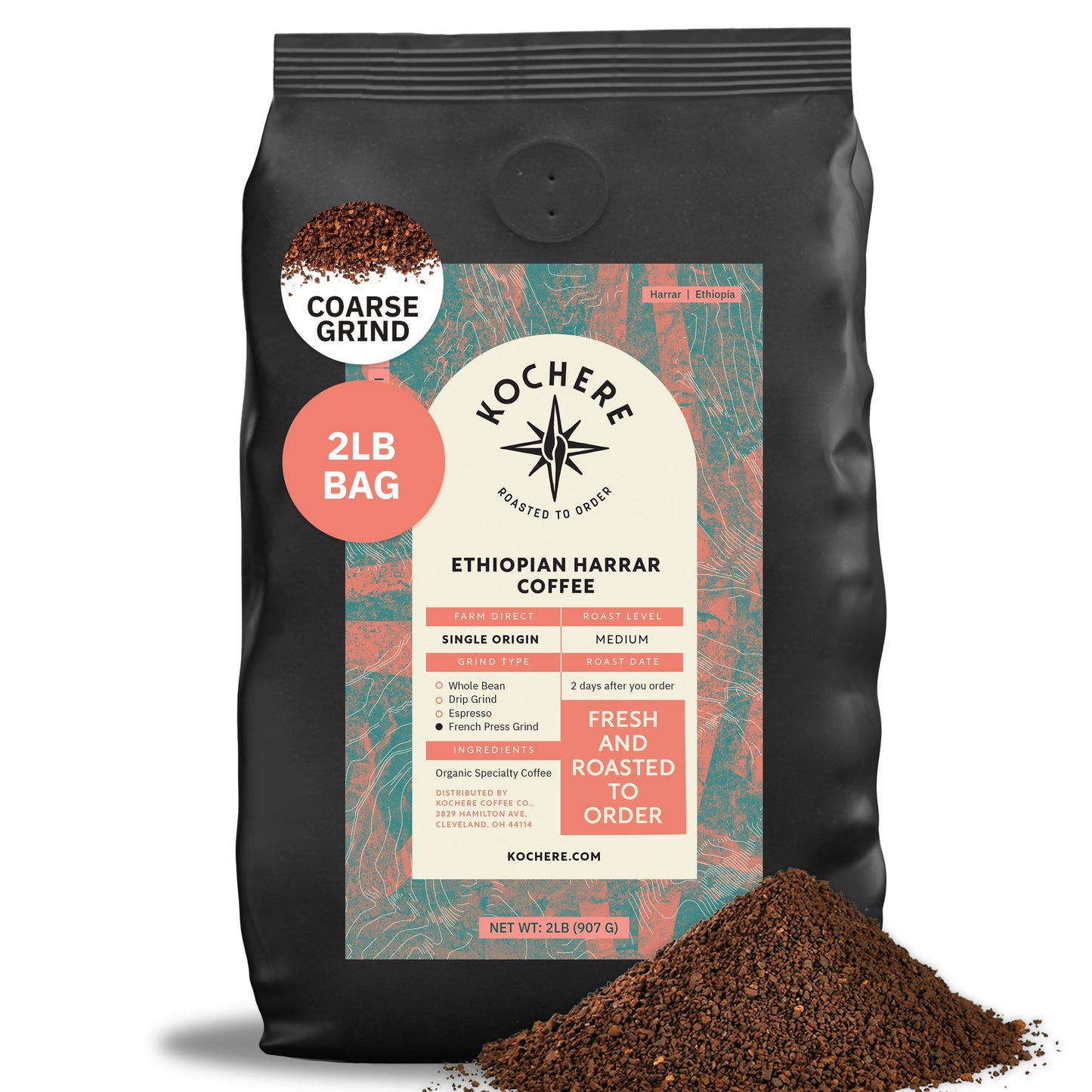 Kochere Coffee Co. Ethiopian Harrar Natural medium roast coffee beans with fruity blueberry and dark chocolate notes, 2-pound bag