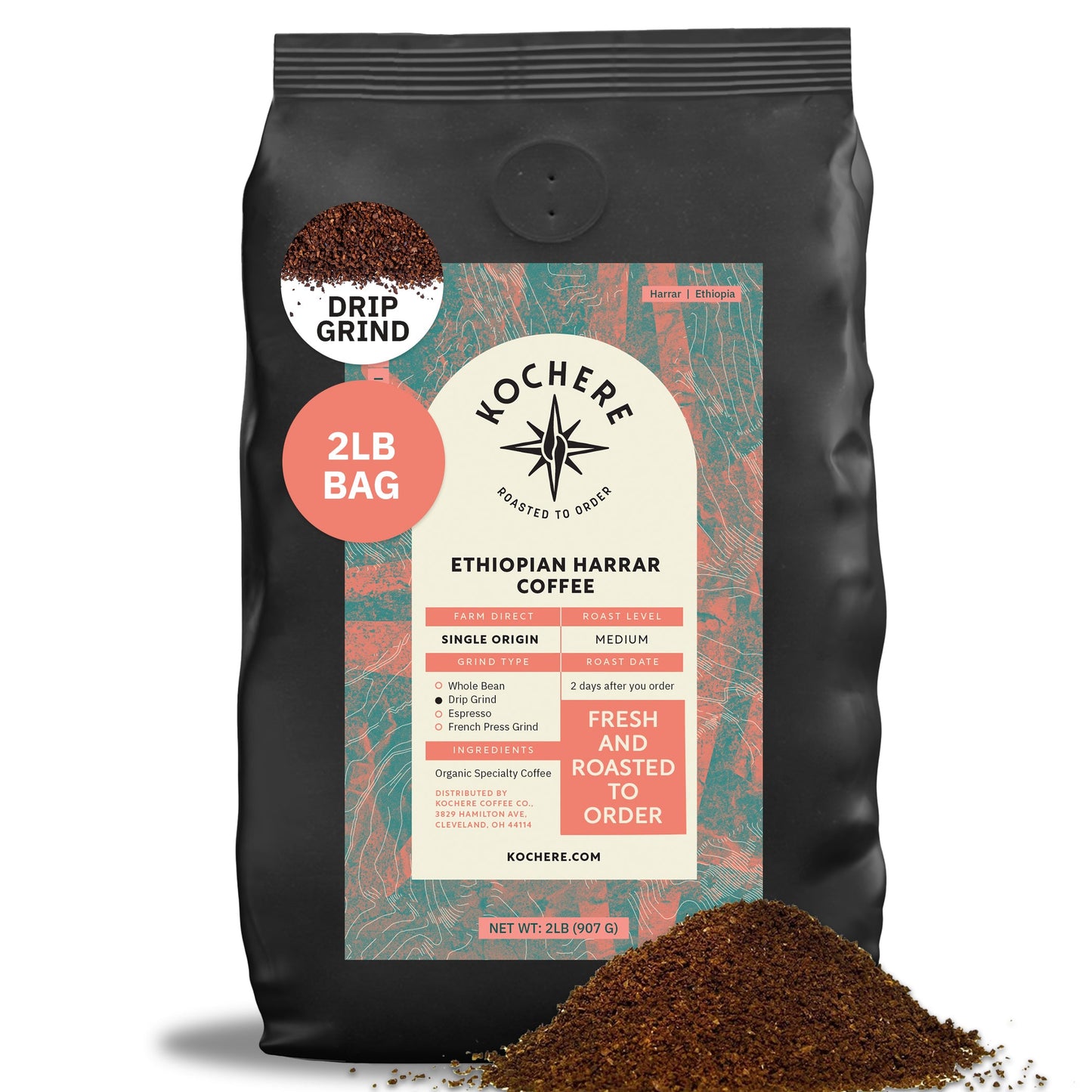 Two-pound bag of Kochere Coffee Co. Ethiopian Harrar natural medium roast coffee with fruity blueberry and dark chocolate notes.