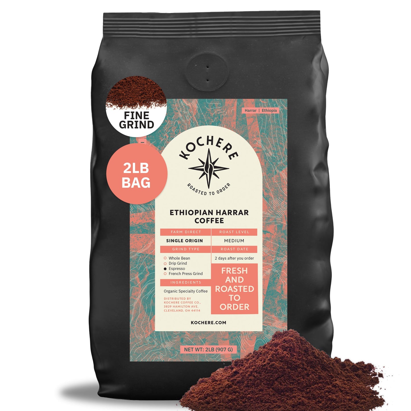 2lb bag of Kochere Coffee Co. Ethiopian Harrar natural medium roast coffee with fruity blueberry and dark chocolate notes.