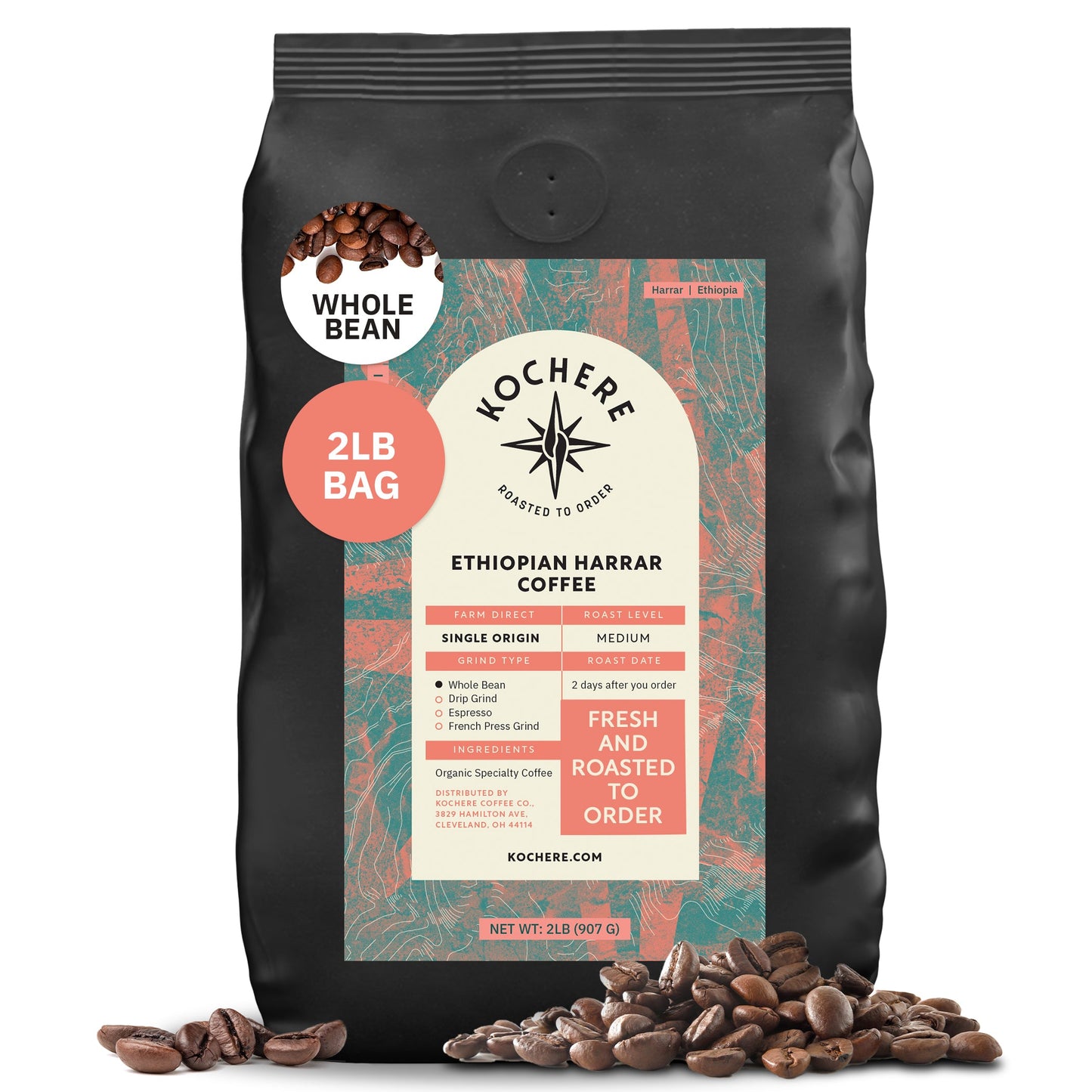 Ethiopian Harrar natural medium roast coffee by Kochere Coffee Co. with fruity blueberry and dark chocolate notes, 2lb bag.
