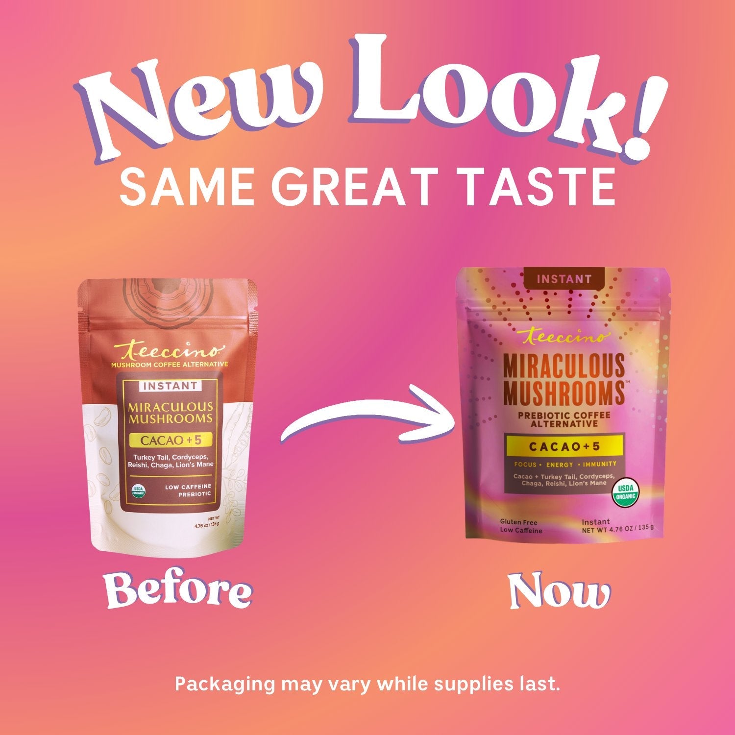 Teeccino Miraculous Mushrooms Cacao + 5 instant coffee packet with cacao and mushroom blend in a resealable bag.