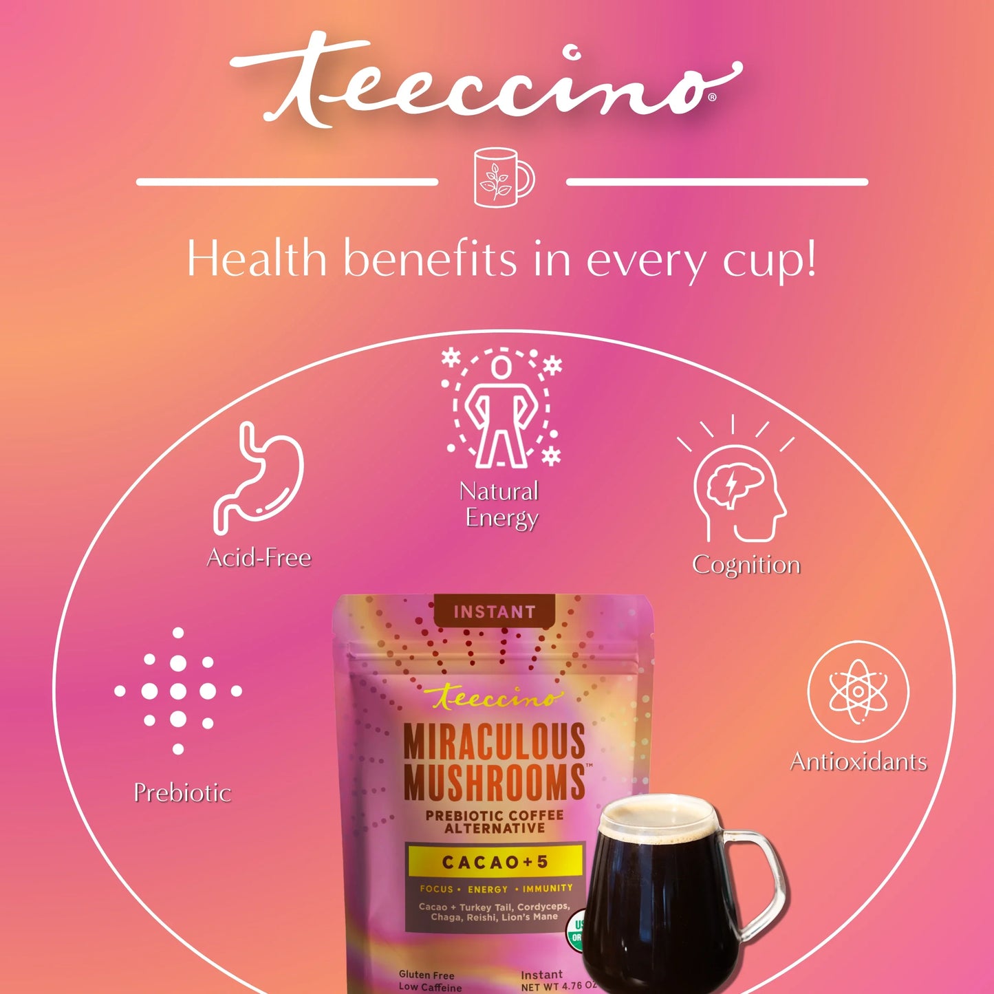 Teeccino Miraculous Mushrooms Cacao Plus 5 instant coffee packet with cacao and mushroom blend, natural energy booster, and health benefits.