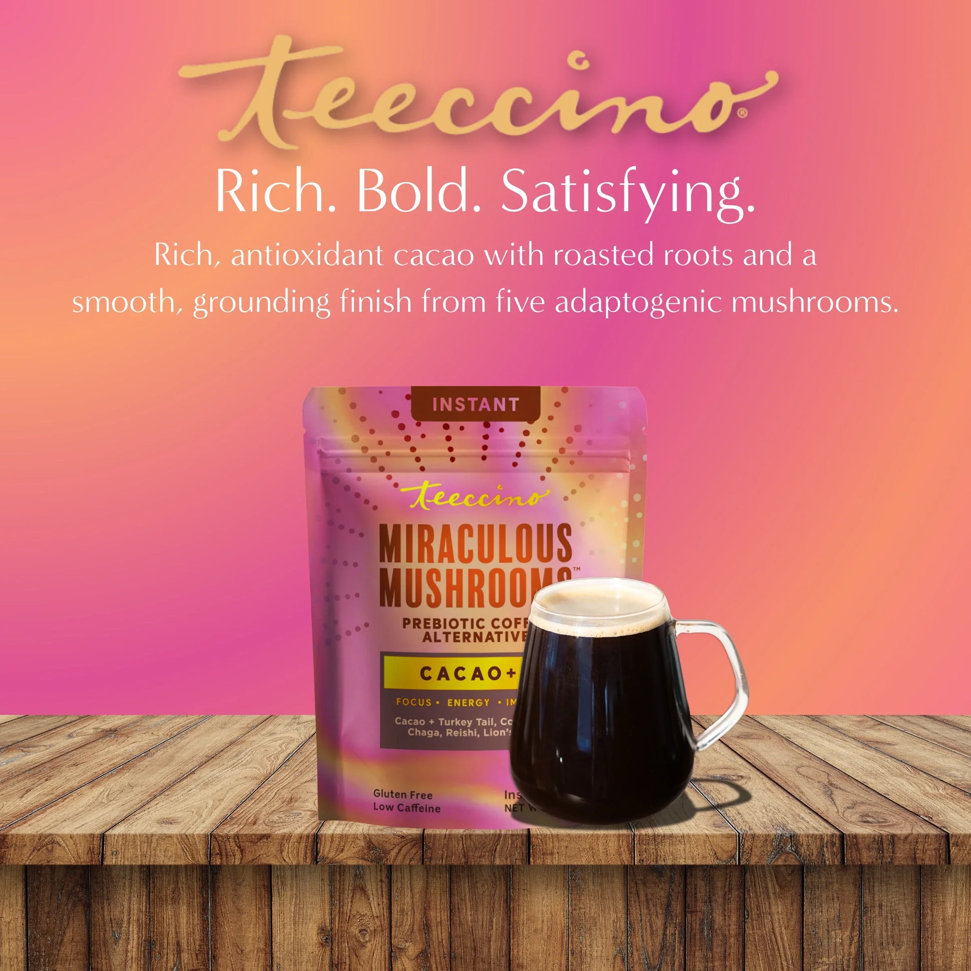 Teeccino Miraculous Mushrooms® Cacao + 5 instant coffee package with rich cacao flavor and mushroom extract, 30013L-MM.
