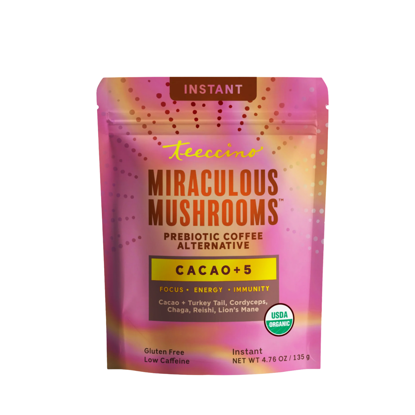 Teeccino Miraculous Mushrooms Cacao+5 instant coffee package with a dark brown container and label showing cacao and mushroom imagery.