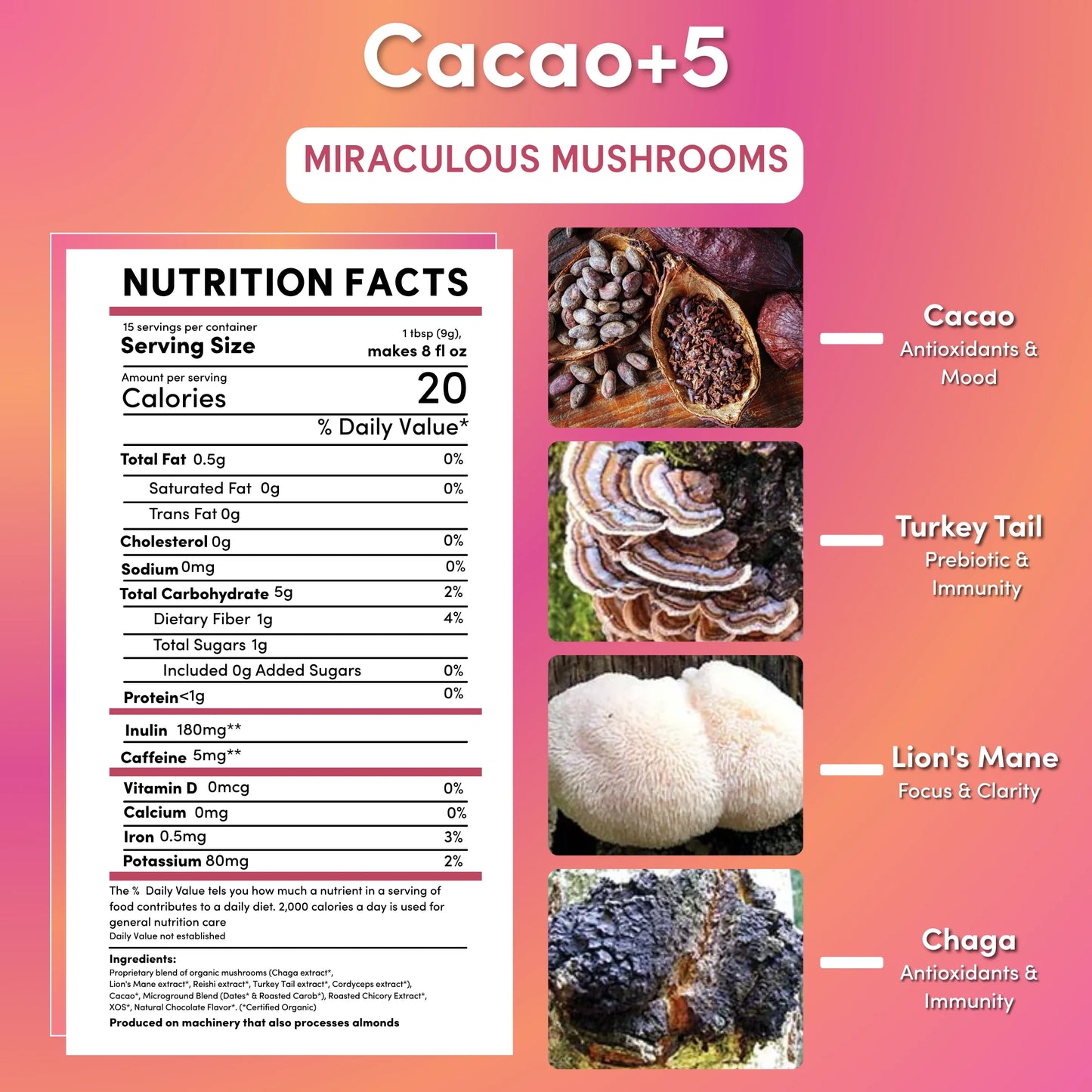Teeccino Miraculous Mushrooms Cacao + 5 instant coffee packet with cacao and mushroom blend in a foil pouch.
