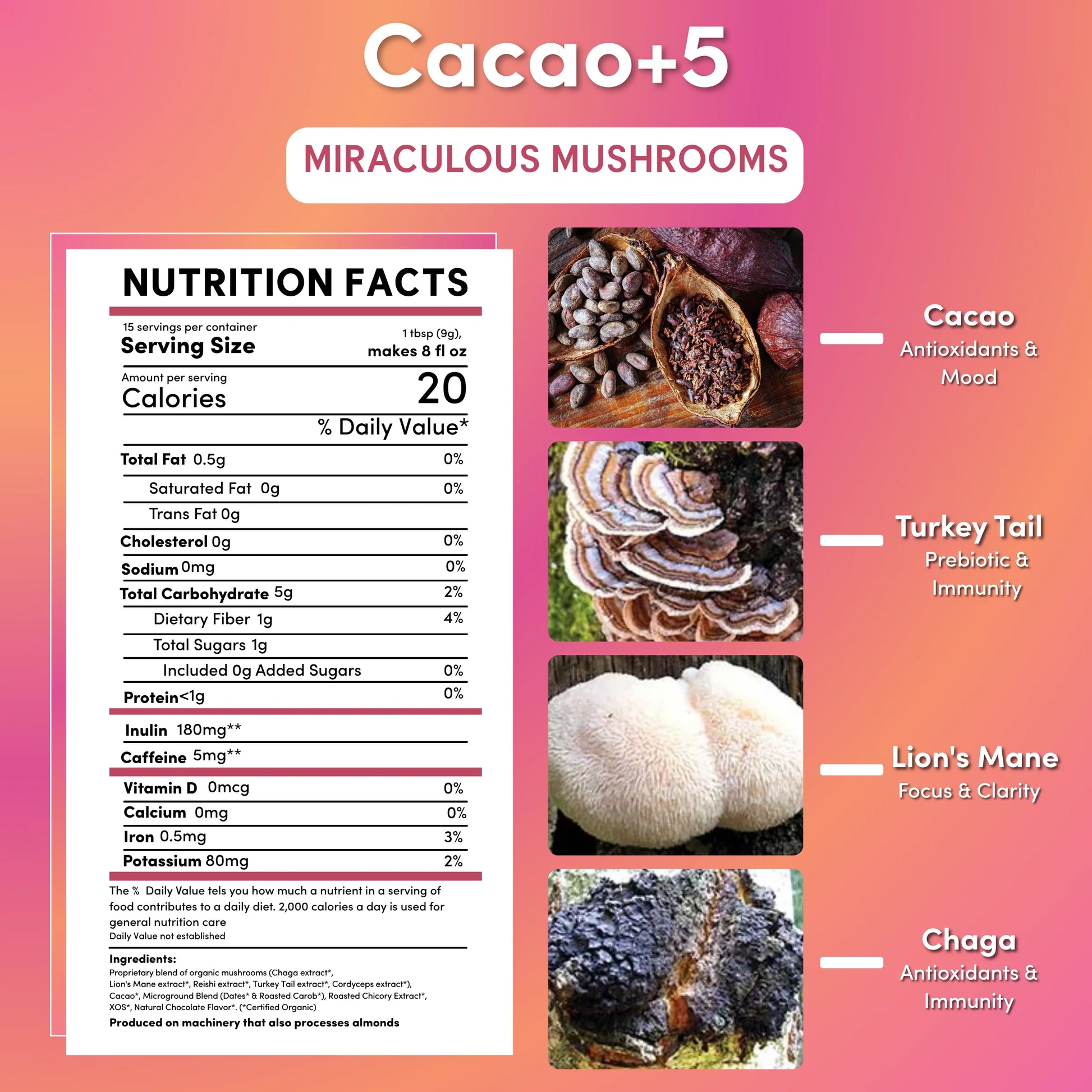 Teeccino Miraculous Mushrooms Cacao + 5 instant coffee packet with cacao and mushroom blend in a foil pouch.