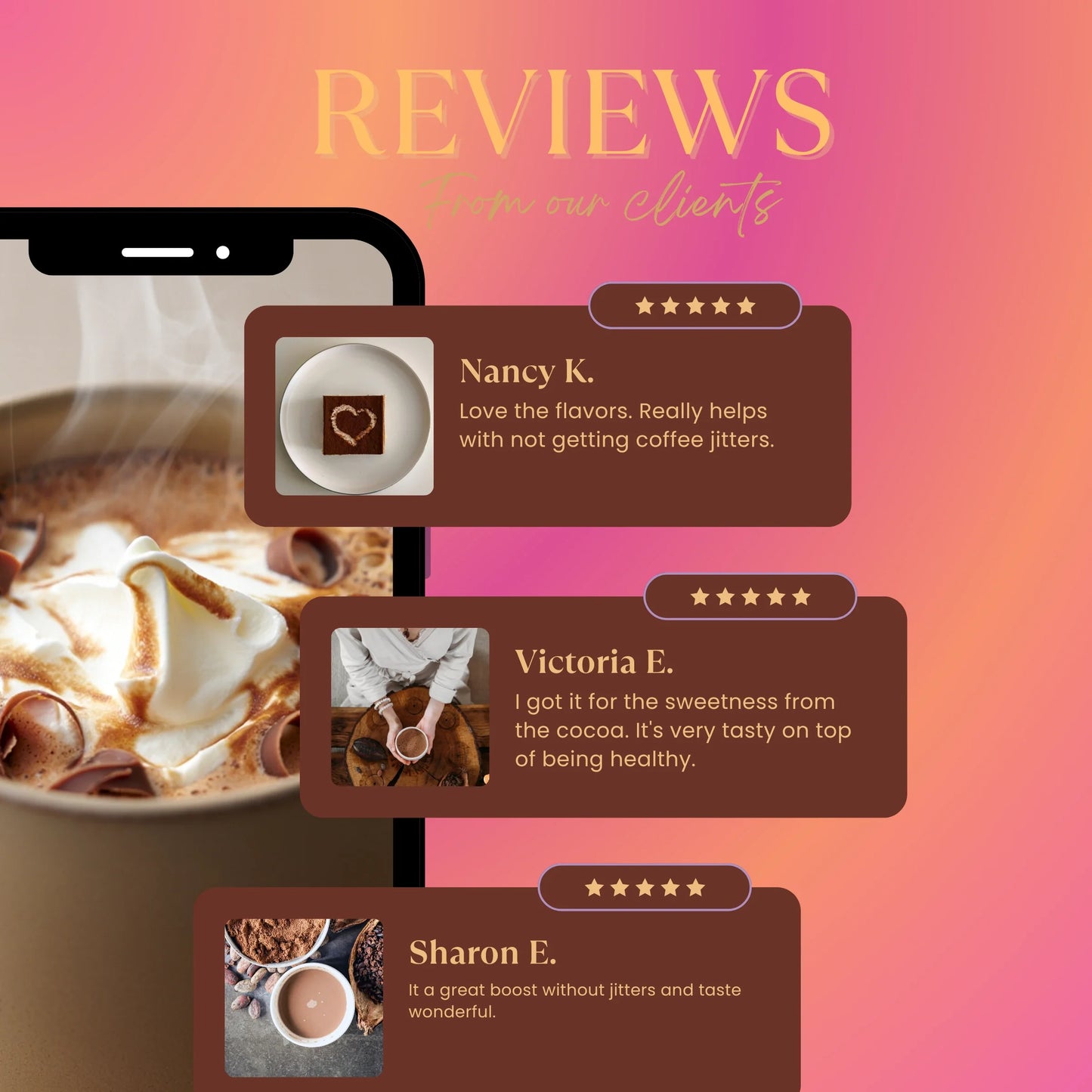 Teeccino Miraculous Mushrooms® Cacao + 5 instant coffee packet with cacao and mushroom blend in a resealable bag.
