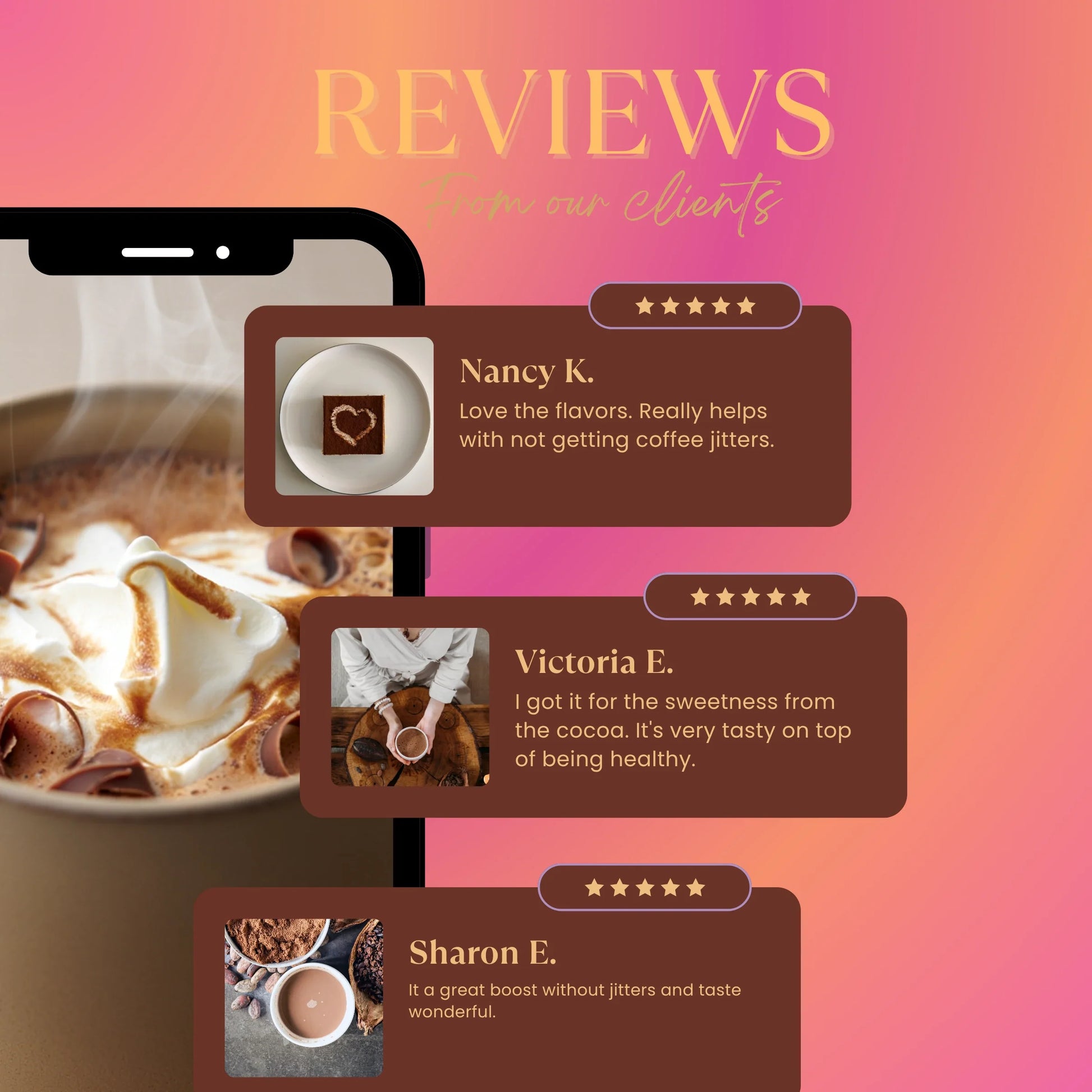 Teeccino Miraculous Mushrooms® Cacao + 5 instant coffee packet with cacao and mushroom blend in a resealable bag.