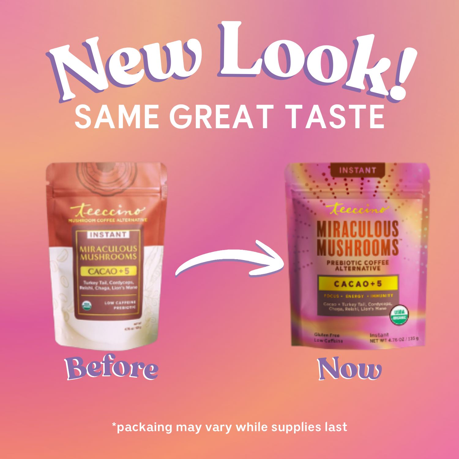 Teeccino Miraculous Mushrooms Cacao + 5 instant coffee packet with mushroom and cacao flavor, ready to brew.